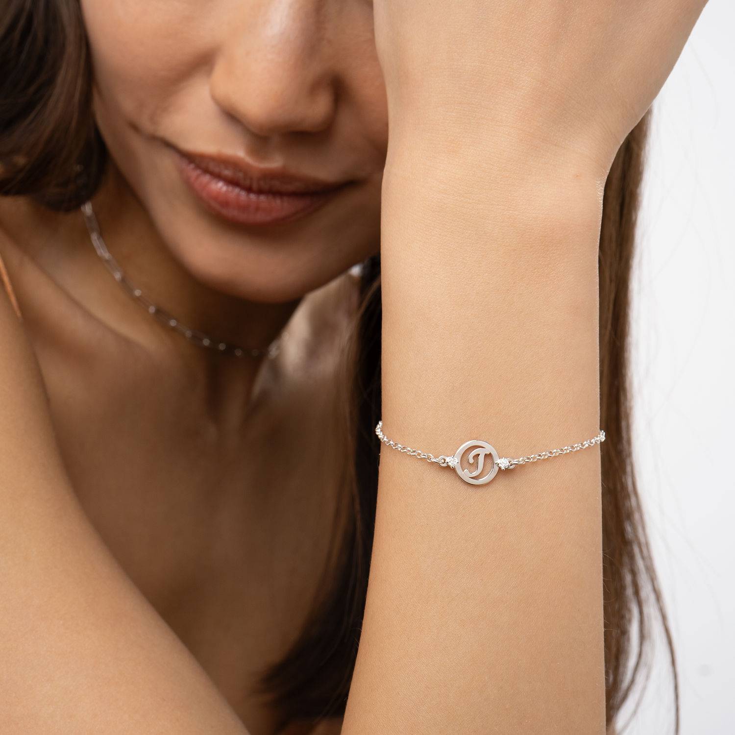 Halo Initial Bracelet with Cubic Zirconia in Sterling Silver-3 product photo