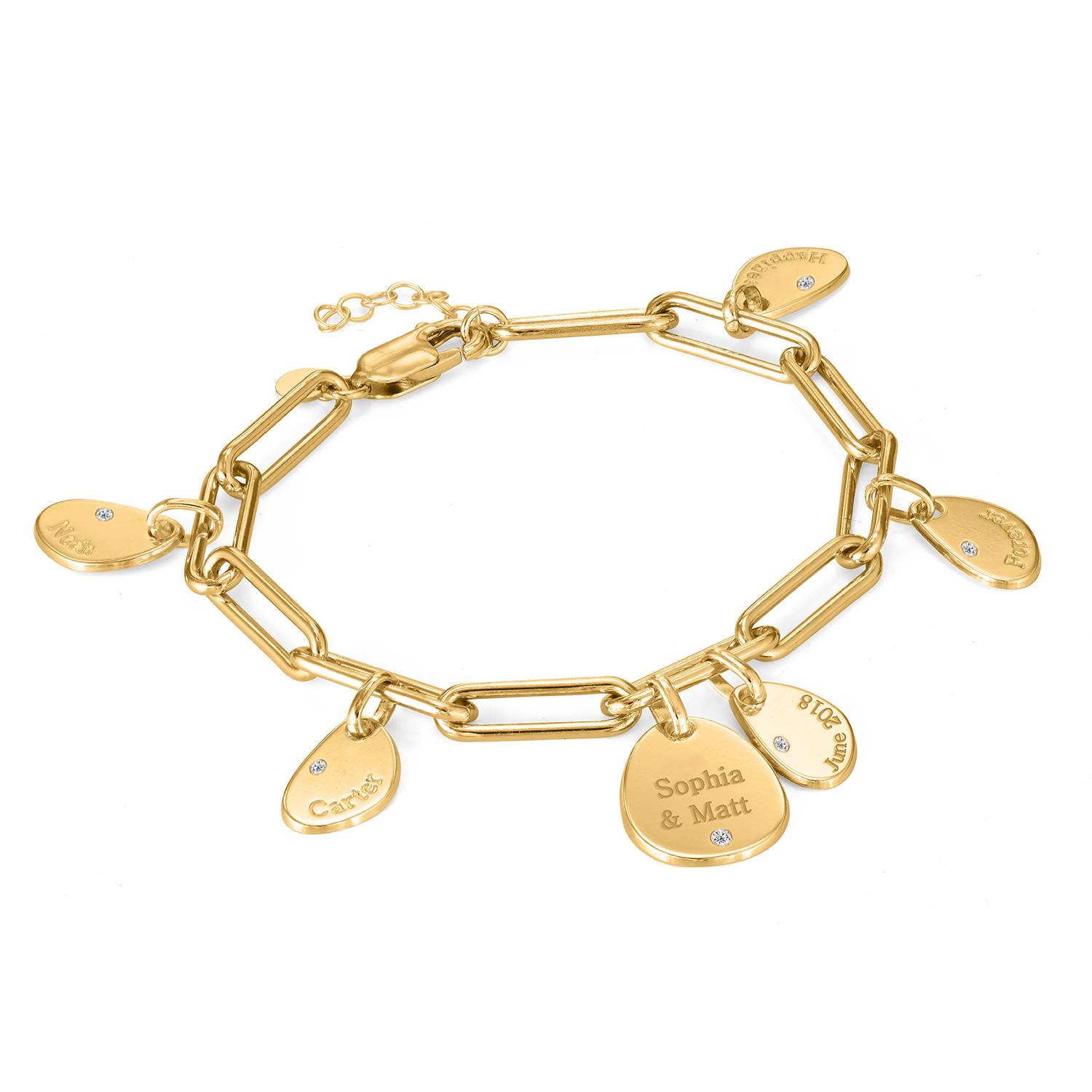 Hazel Personalized Paperclip Chain Link Bracelet with Engraved Charms & Diamonds in 18K Gold Plating-3 product photo