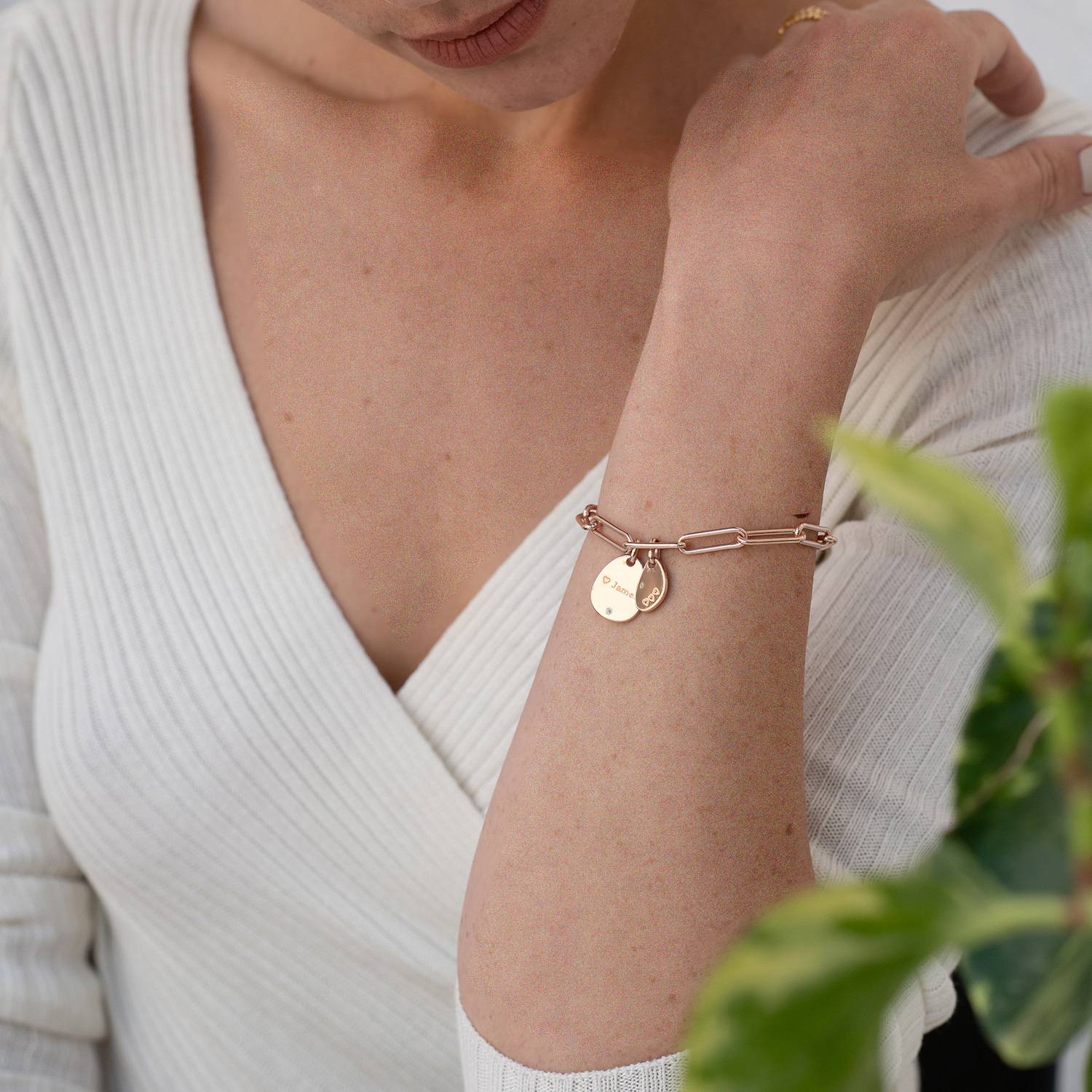 Hazel Personalized Paperclip Chain Link Bracelet with Engraved Charms & Diamonds in 18K Rose Gold Plating-1 product photo