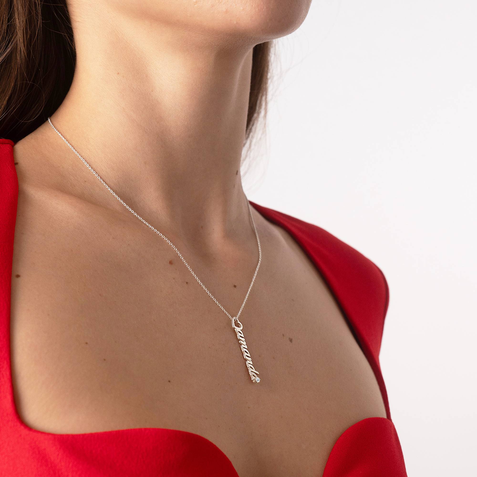 Heart Drop Vertical Name Necklace with 0.05CT Diamond in Sterling Silver-4 product photo