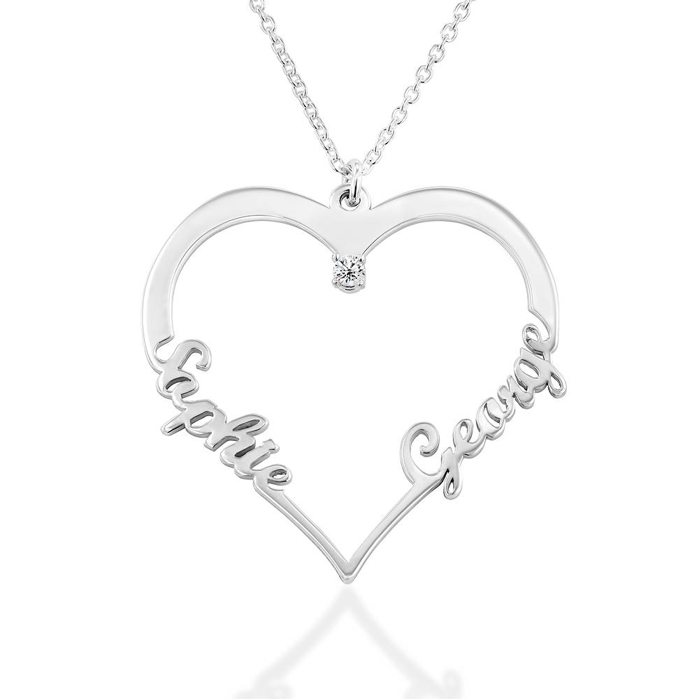 Contour Heart Pendant Necklace with Two Names in Sterling Silver with 0.05ct Diamond product photo