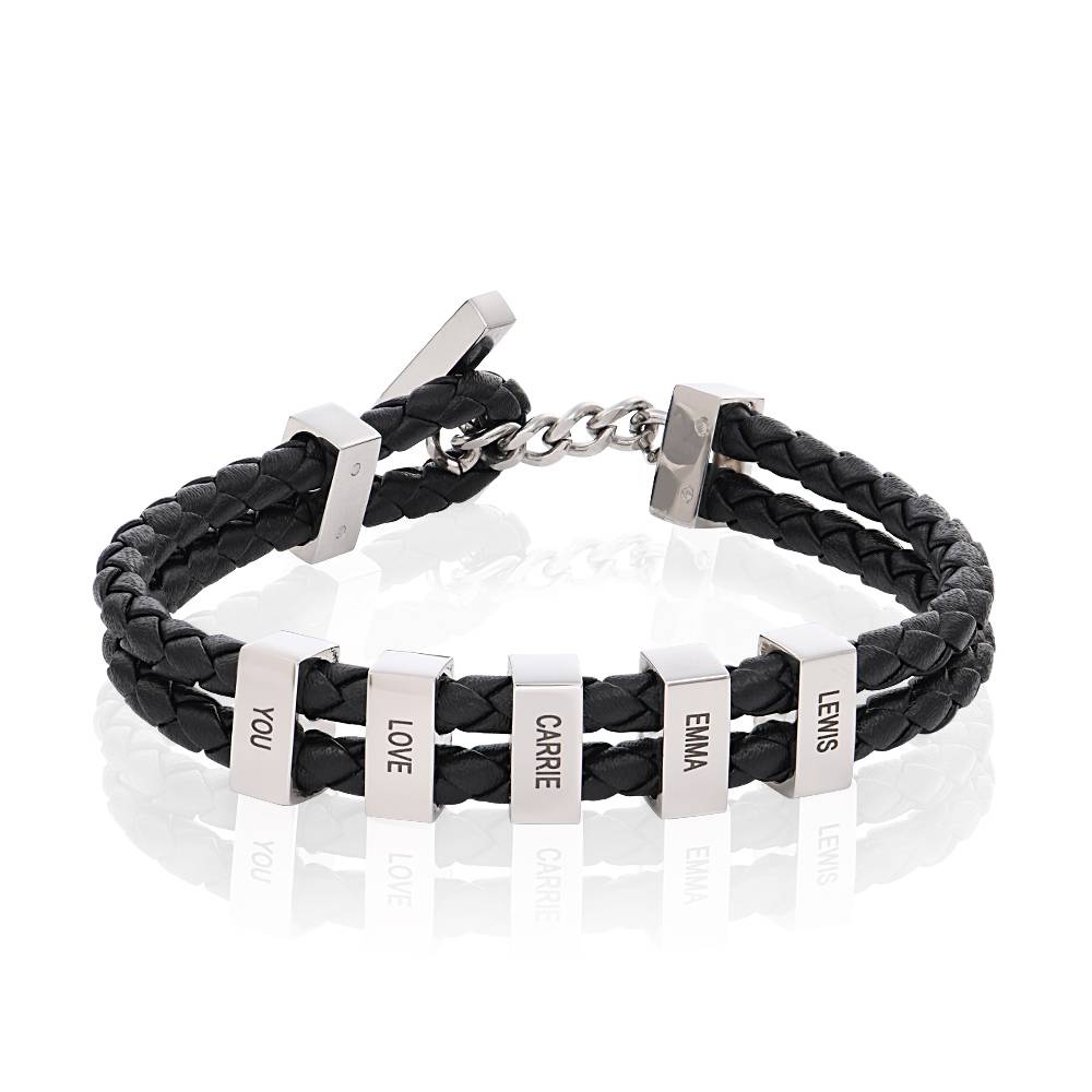 Hunter Braided T-Bar Leather Bracelet with Stainless Steel Engravable Beads for Men-2 product photo