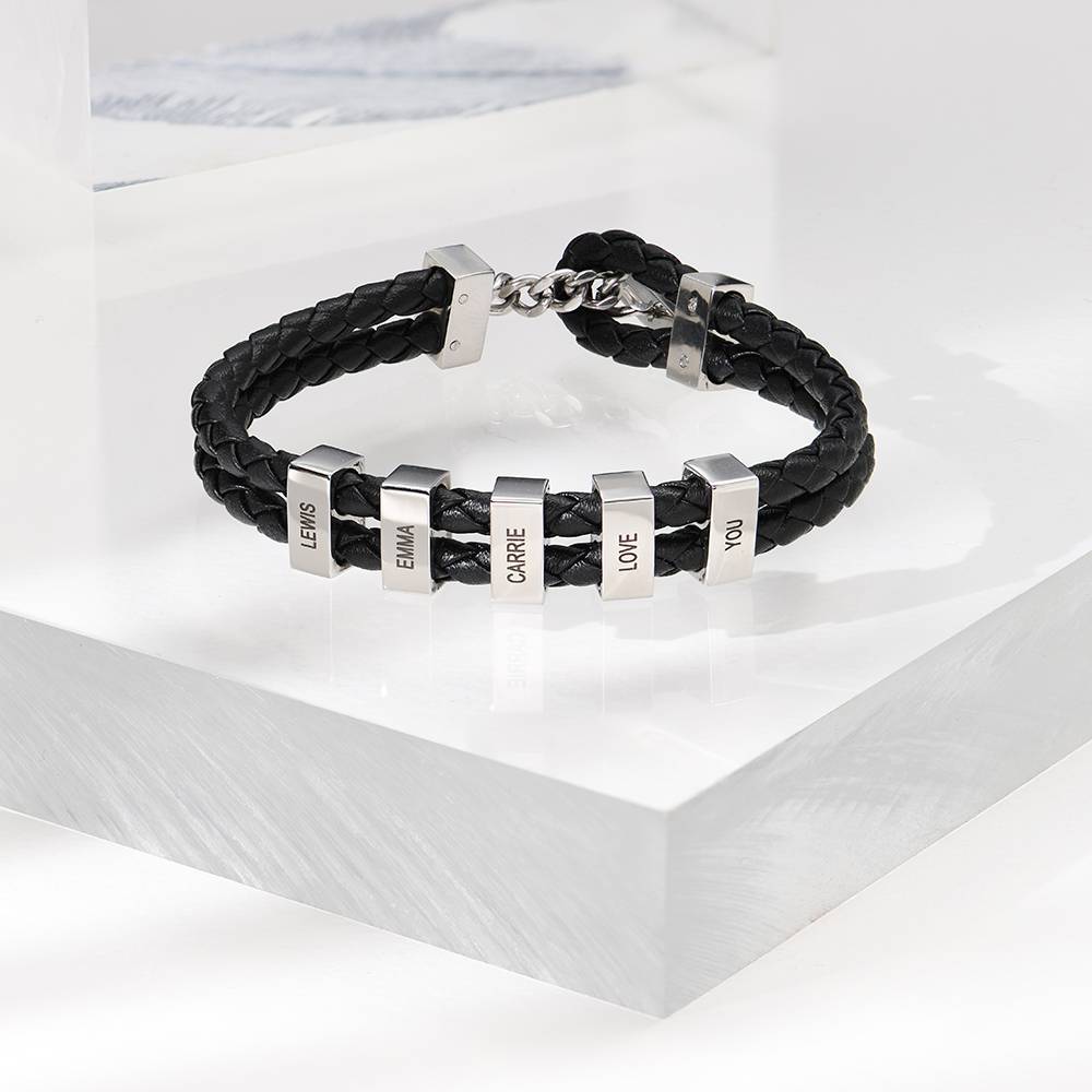 Hunter Braided T-Bar Leather Bracelet with Stainless Steel Engravable Beads for Men-5 product photo