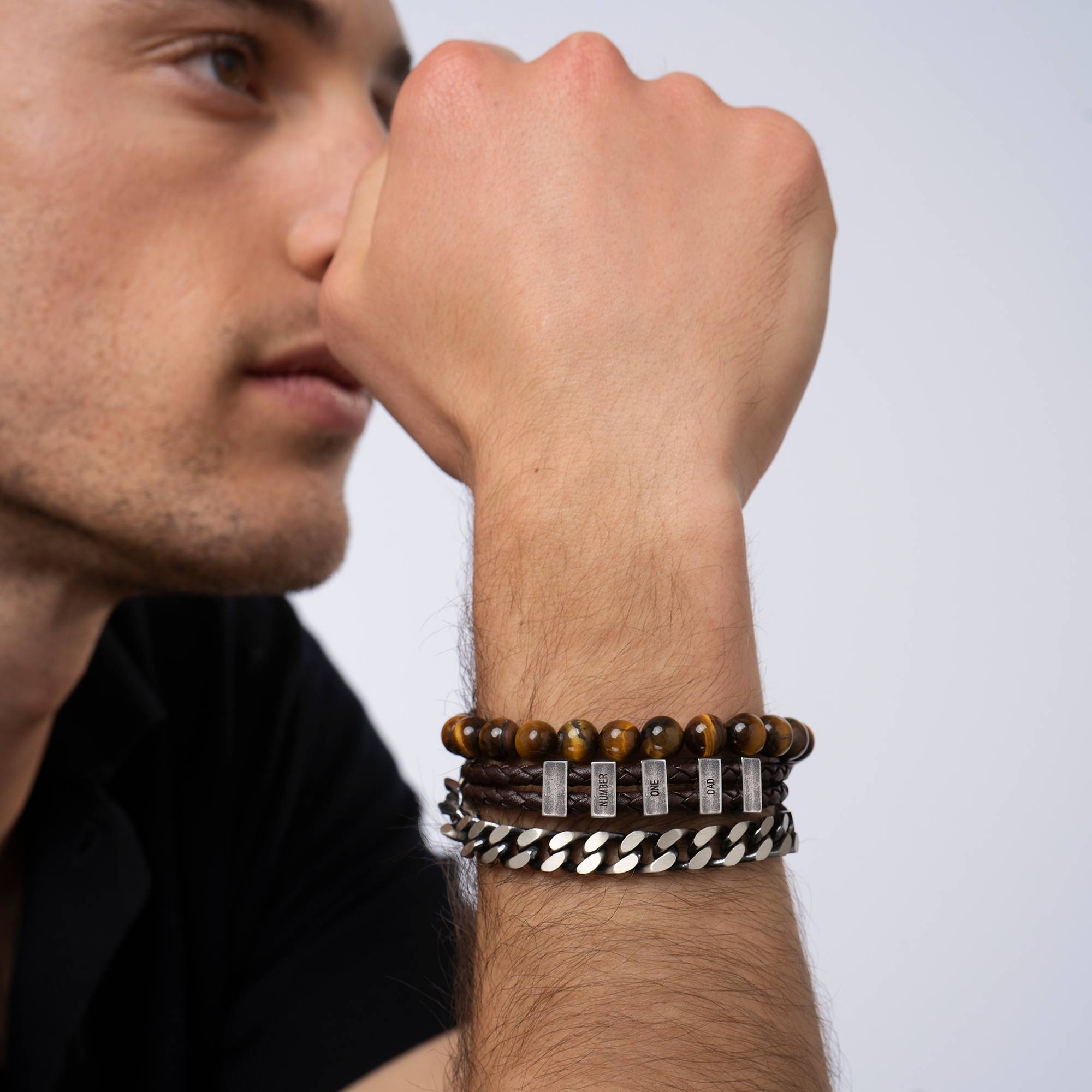 Hunter Braided T-Bar Leather Bracelet with Stainless Steel Engravable Beads for Men-1 product photo