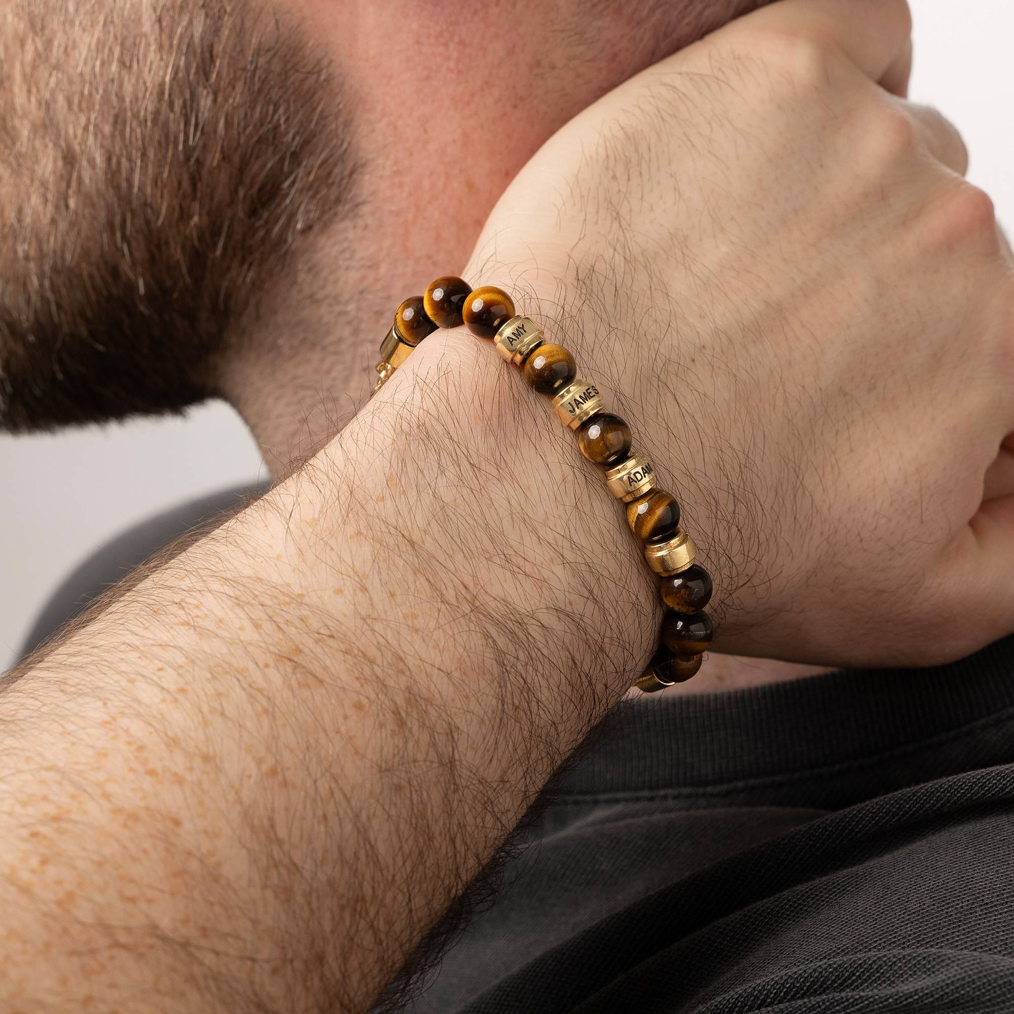 Jack Tiger Eye and Personalized Bead Bracelet for Men in 18K Gold Plating-4 product photo