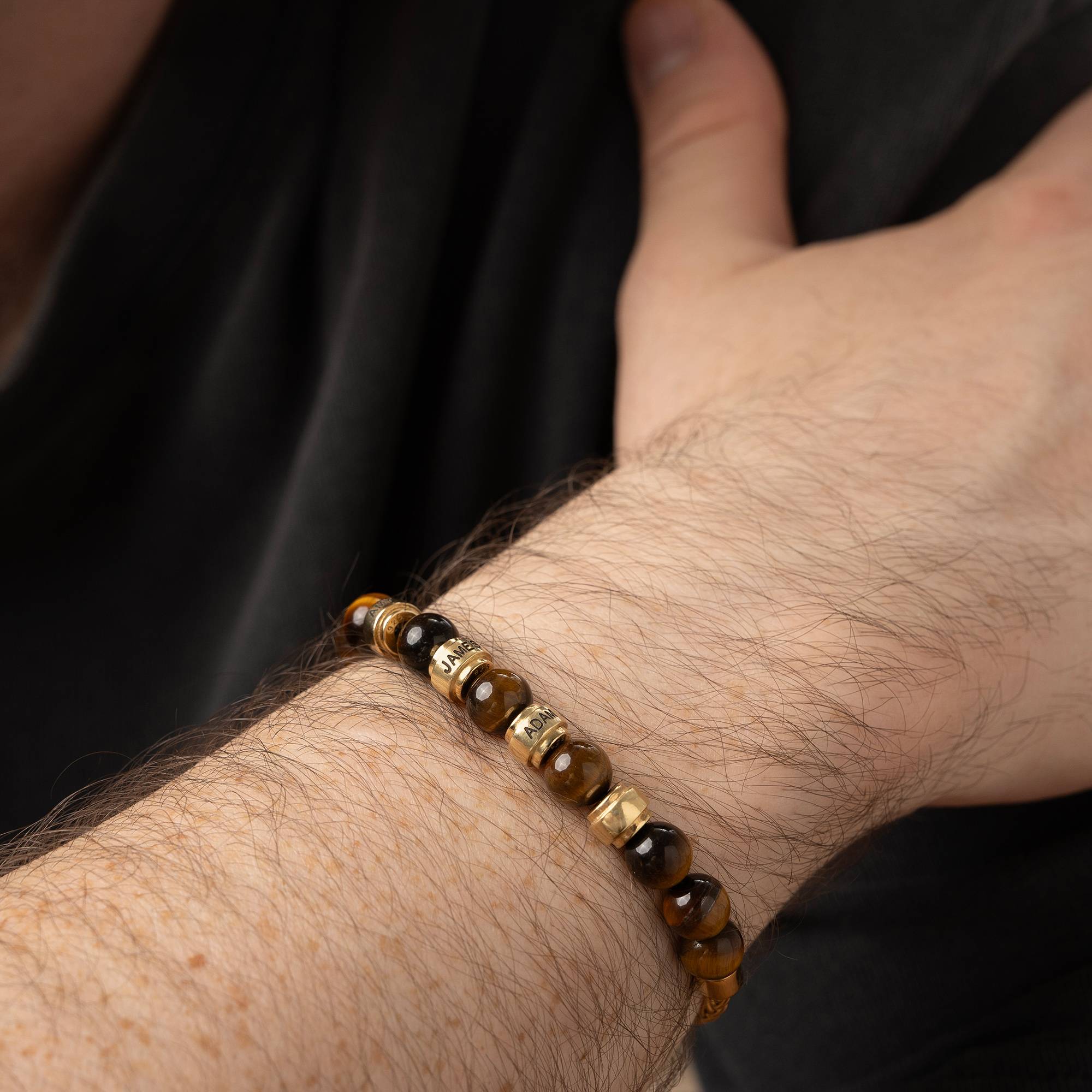 Jack Tiger Eye and Personalized Bead Bracelet for Men in 18K Gold Plating-2 product photo