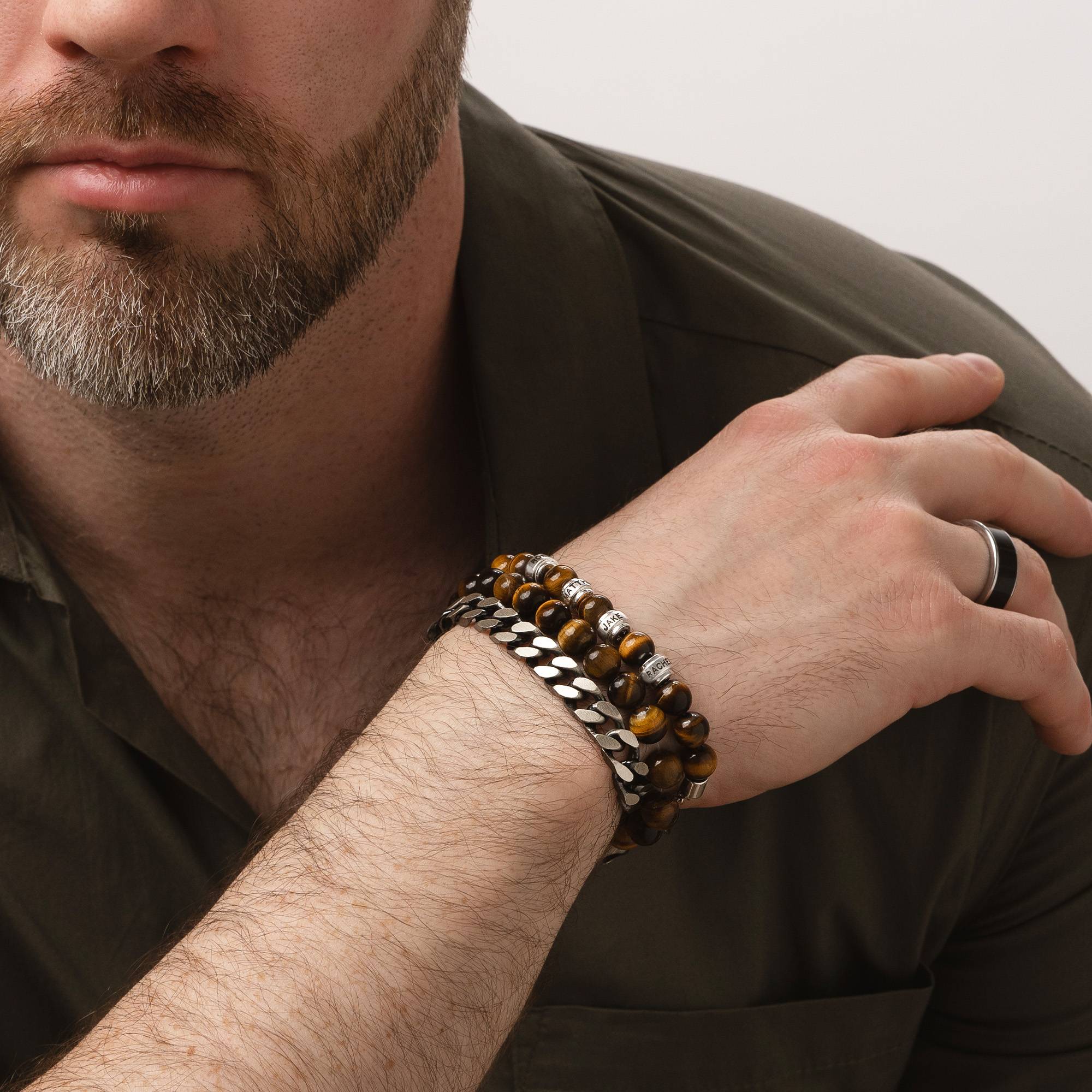 Jack Tiger Eye and Personalized Bead Bracelet for Men in Sterling Silver-1 product photo
