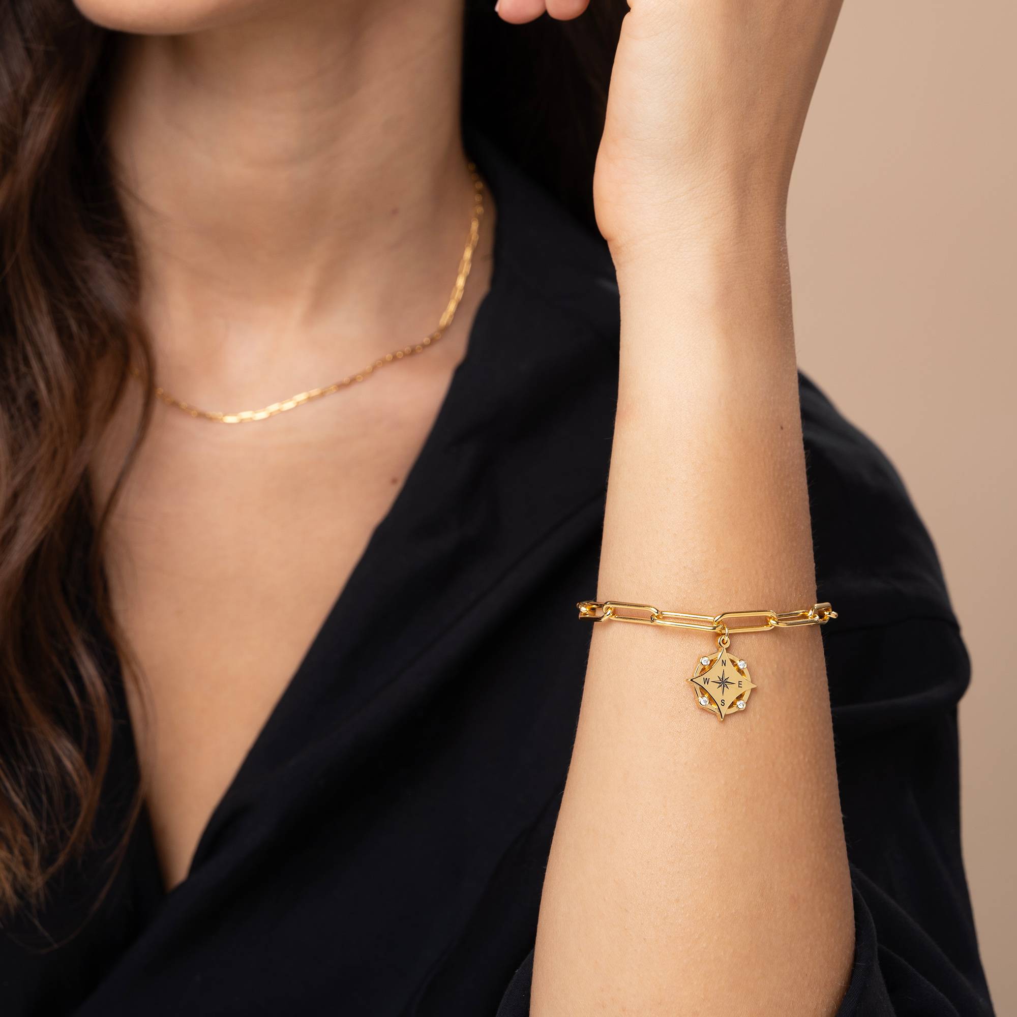 Kaia Initial Compass Bracelet with Diamond in 18K Gold Plating-5 product photo