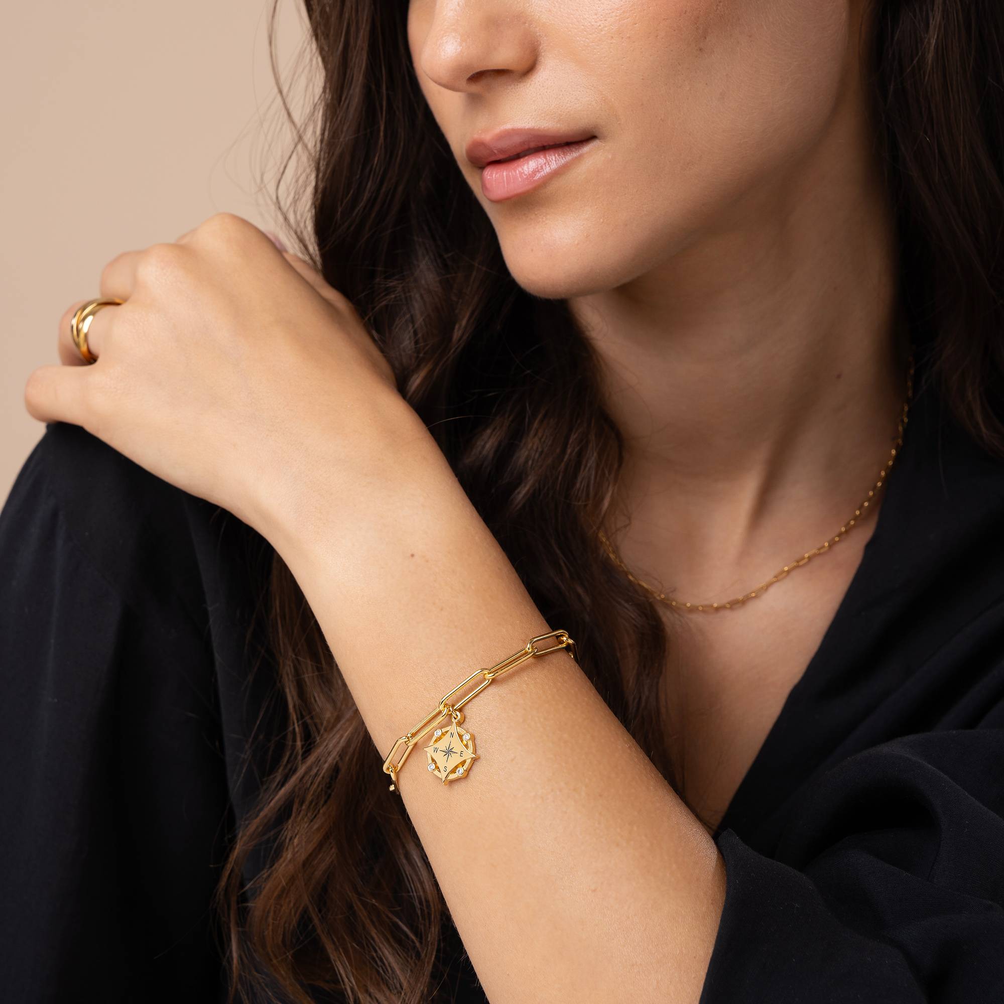 Kaia Initial Compass Bracelet with Diamond in 18K Gold Plating-1 product photo