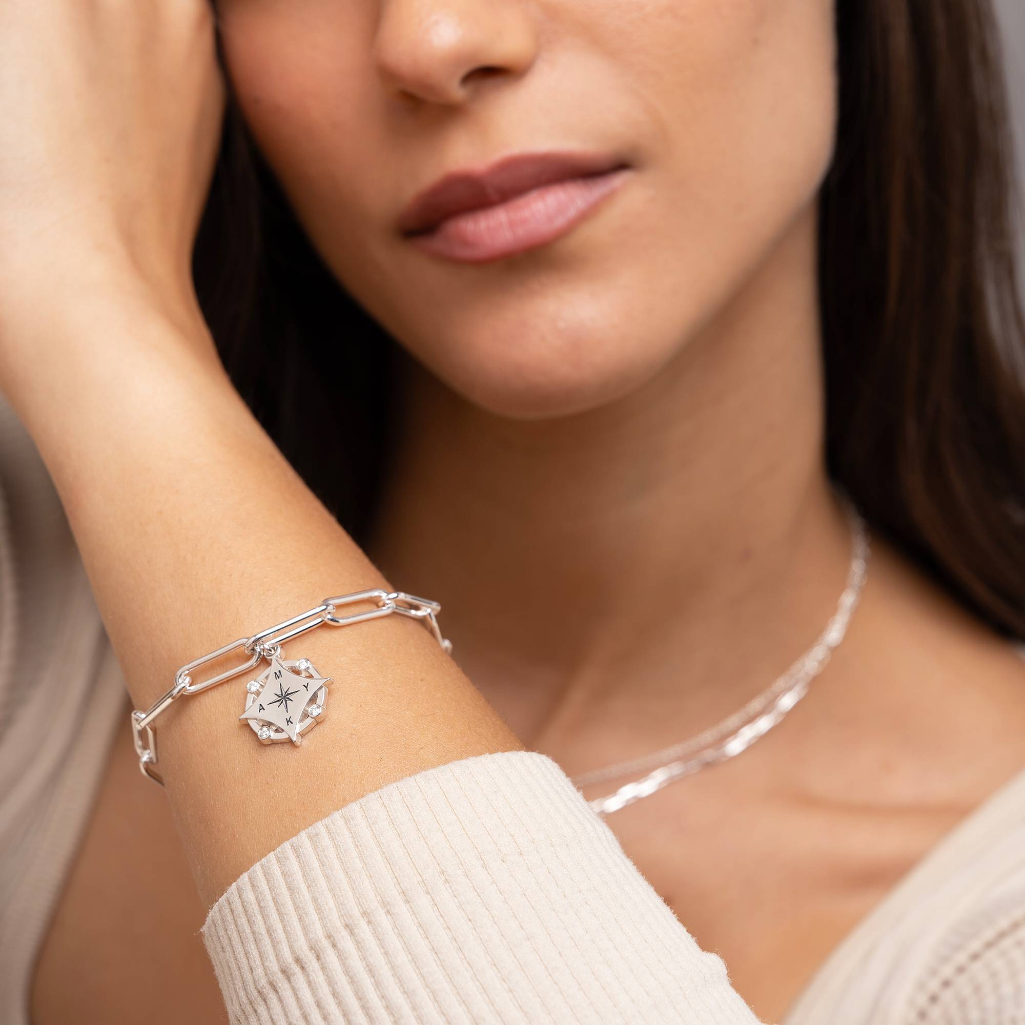 Kaia Initial Compass Bracelet with Diamond in Sterling Silver-2 product photo