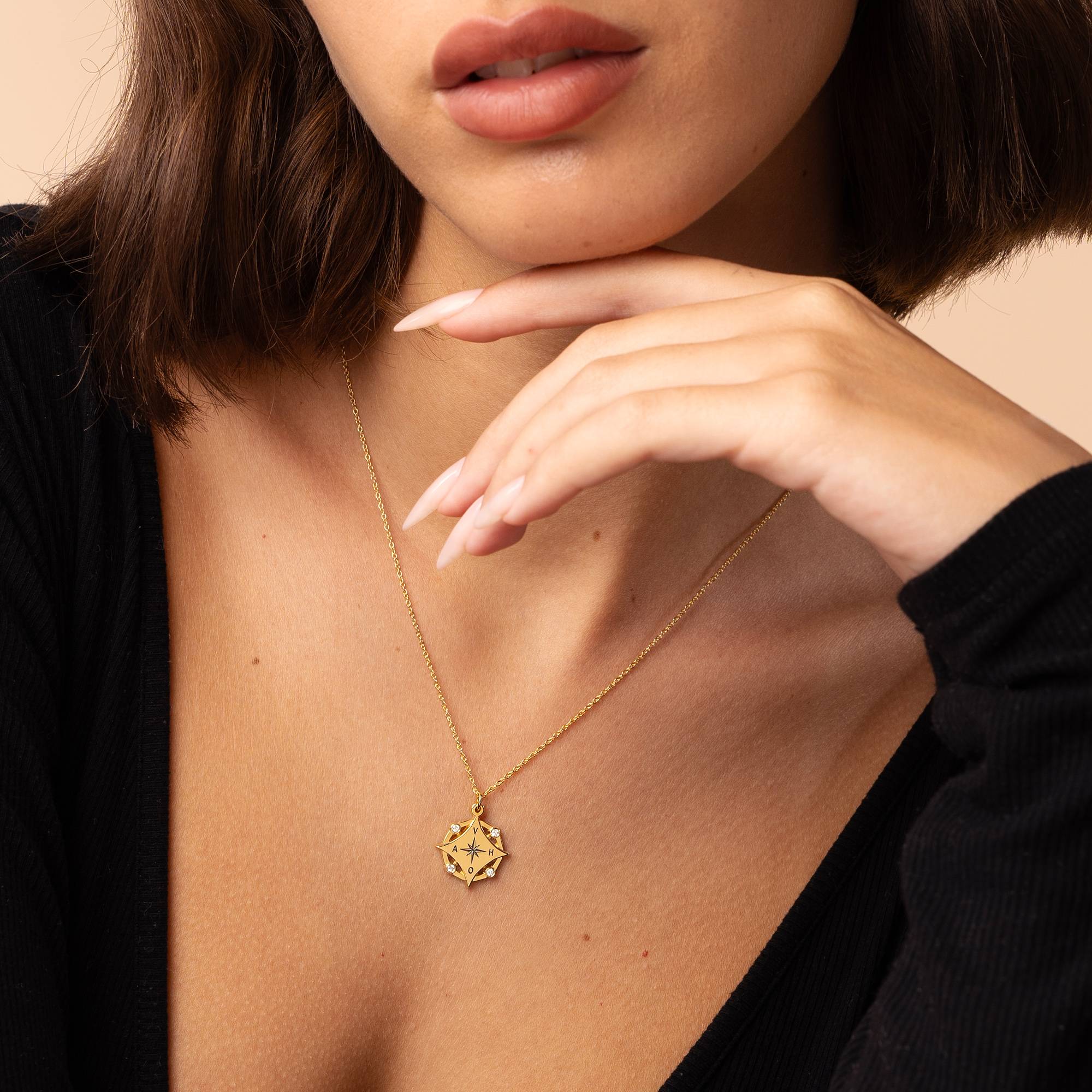 Kaia Initial Compass Necklace with Diamonds in 18K Gold Plating-2 product photo