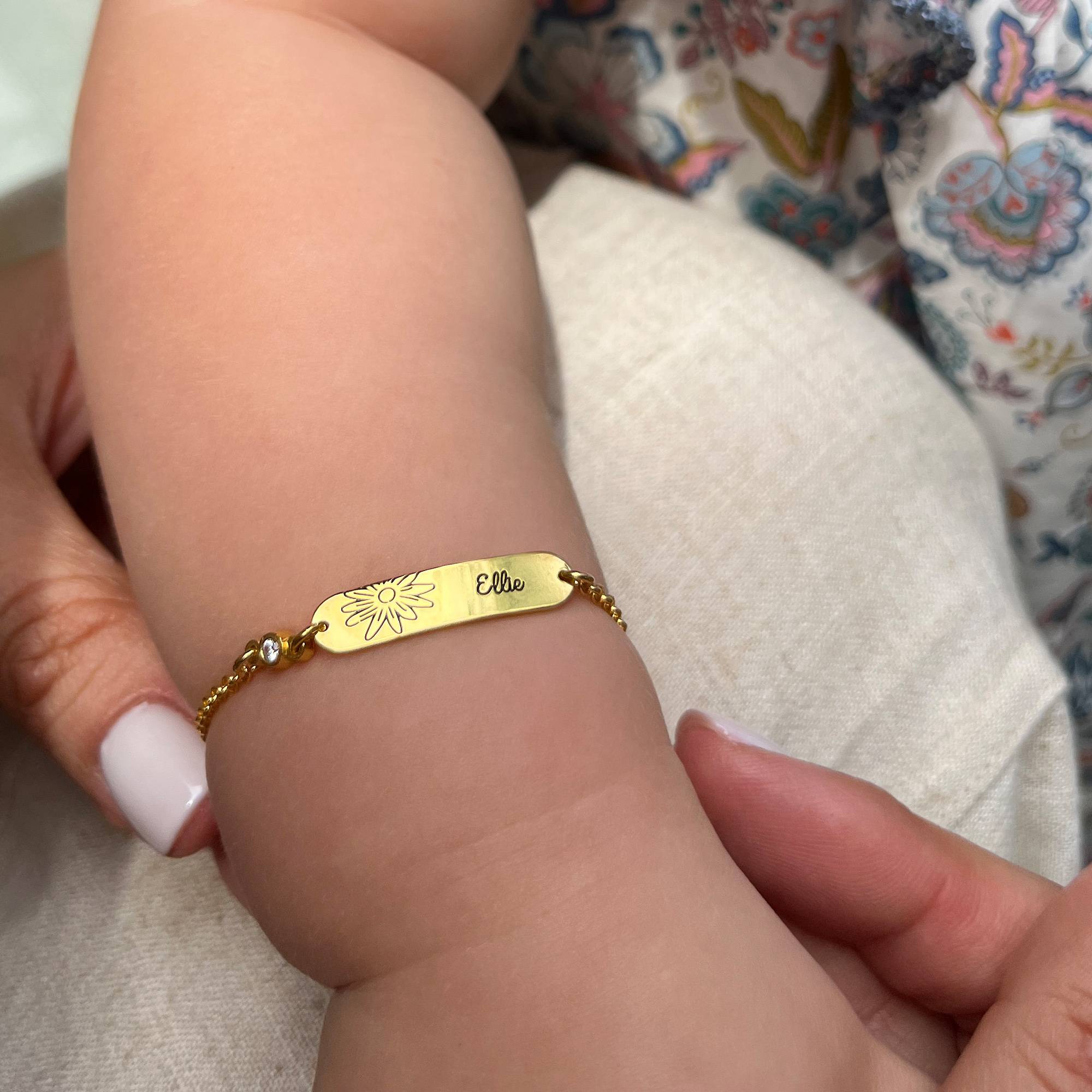 Lyla Baby Name Bracelet with Birth Flower and Stone in 18K Gold Plating-1 product photo