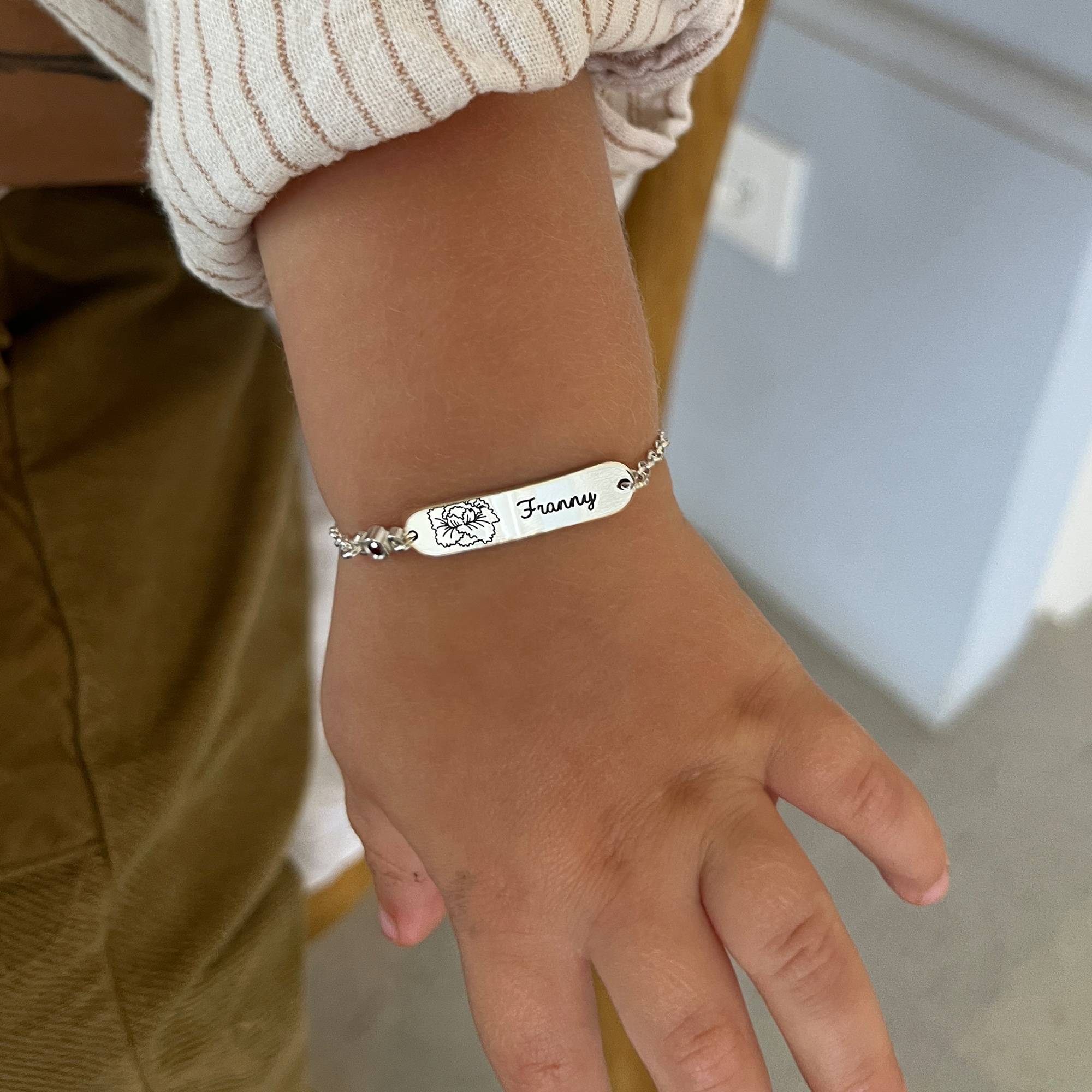 Lyla Baby Name Bracelet with Birth Flower and Stone in Sterling Silver-1 product photo