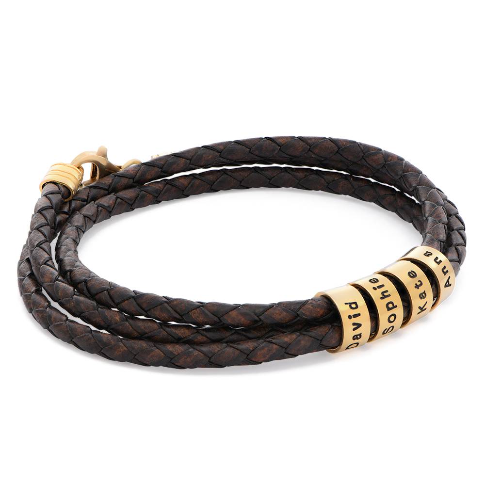 Navigator Braided Brown Leather Bracelet with Small Custom Beads in 18k Gold Vermeil product photo