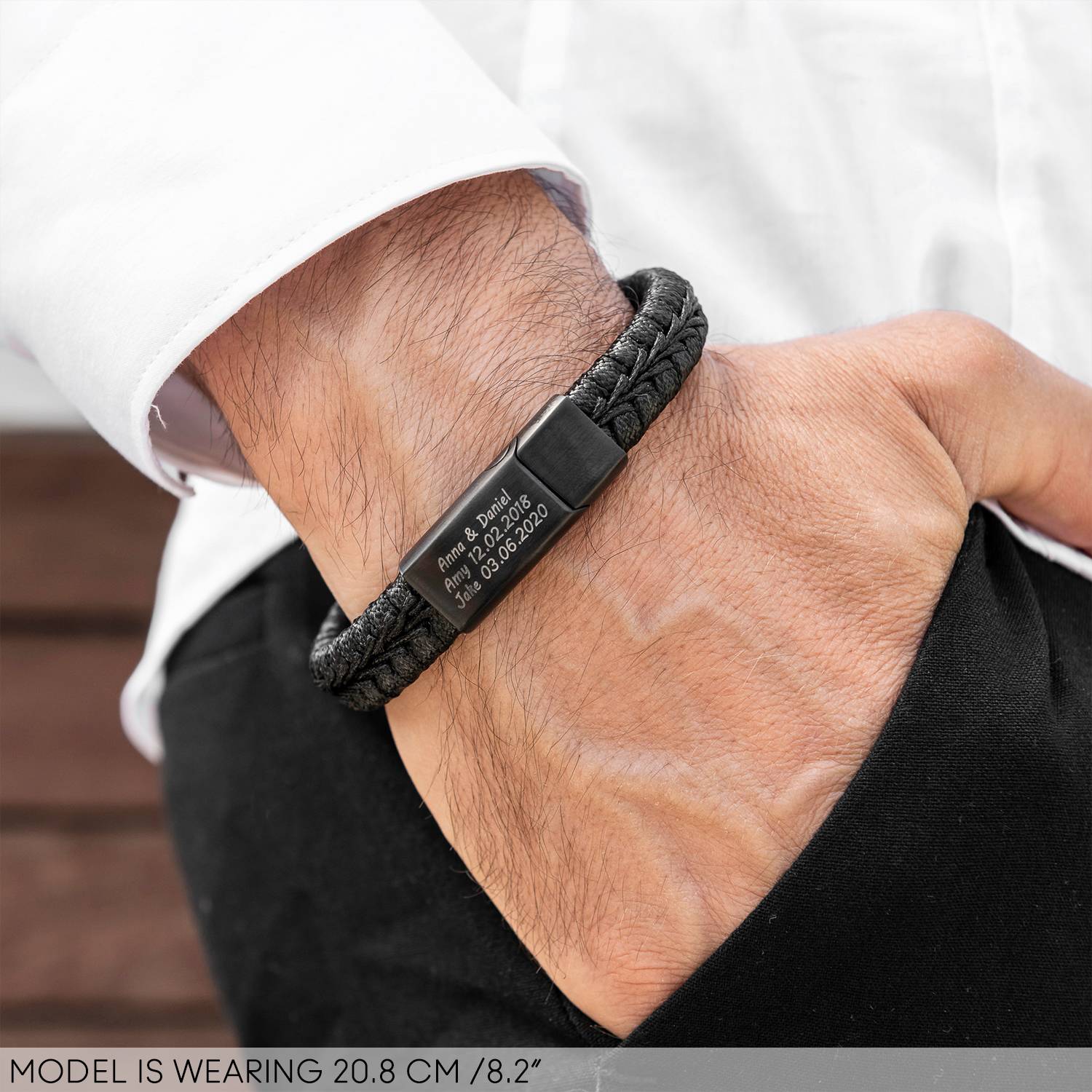 Toronto Men's Black Leather Bracelet with Black Accent-4 product photo