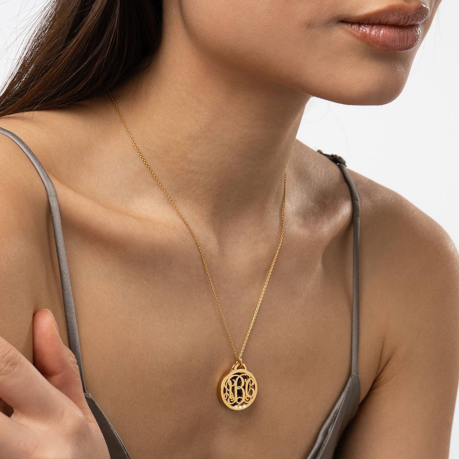 Monogram Initials Necklace with Semi-Precious Stone and Diamonds in 10K Yellow Gold-6 product photo
