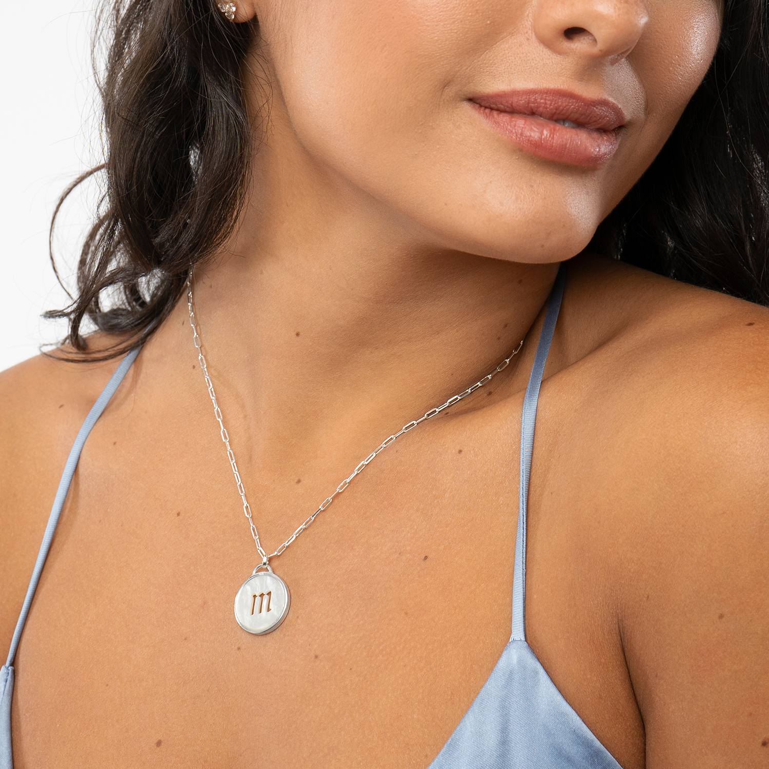 Mother of Pearl Initial Cutout Necklace in Sterling Silver-4 product photo