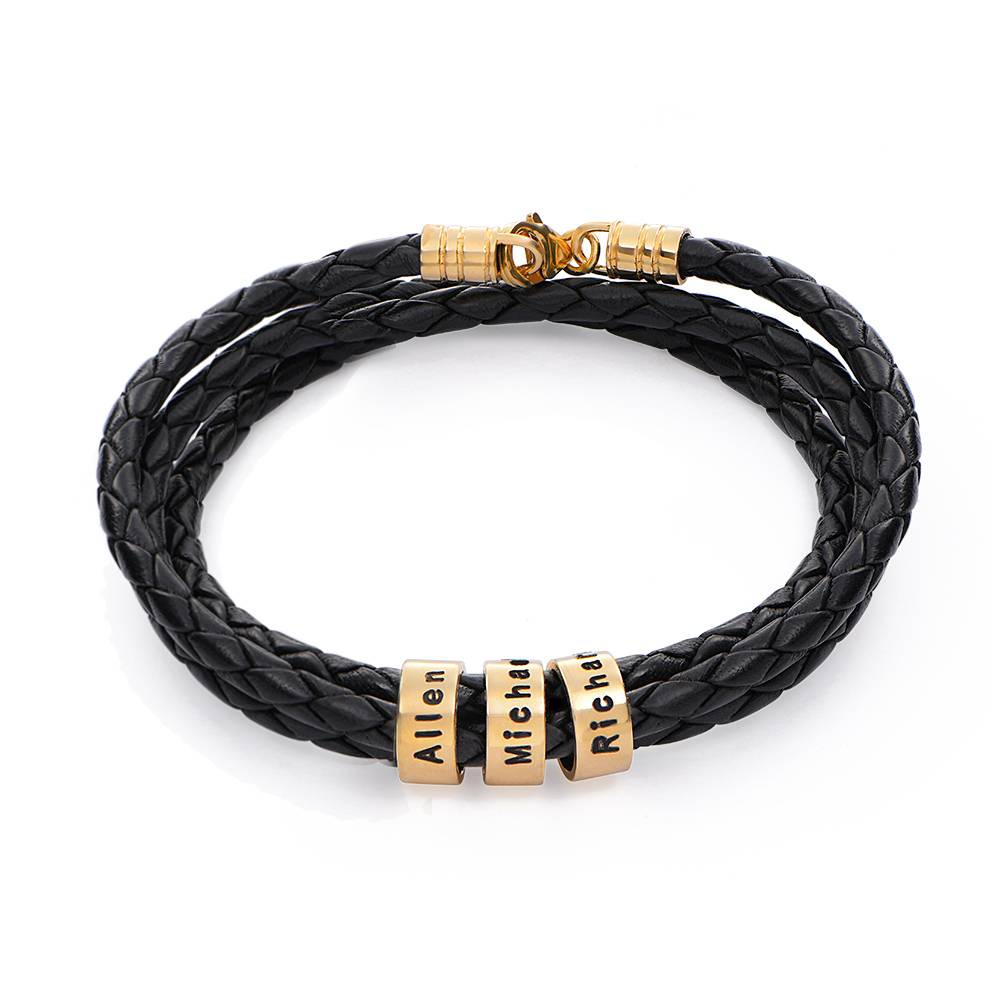 Navigator Braided Leather Bracelet for Men with Small Custom Beads in 14K Yellow Gold-4 product photo