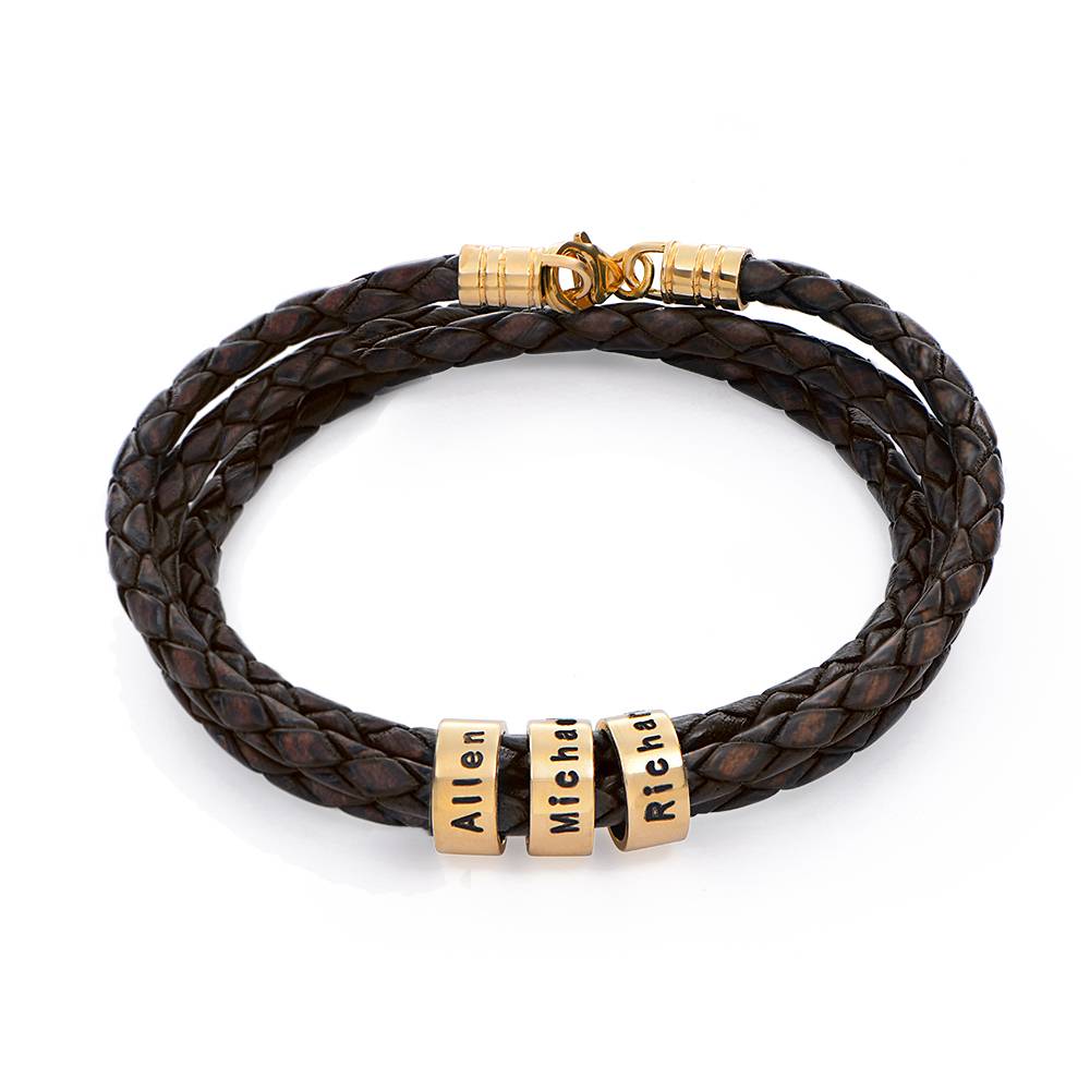 Navigator Brown Braided Leather Bracelet for Men with Small Custom Beads in 14K Yellow Gold product photo