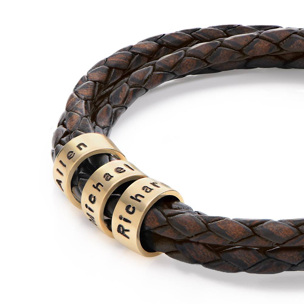 Navigator Brown Braided Leather Bracelet for Men with Small Custom Beads in 14K Yellow Gold-4 product photo