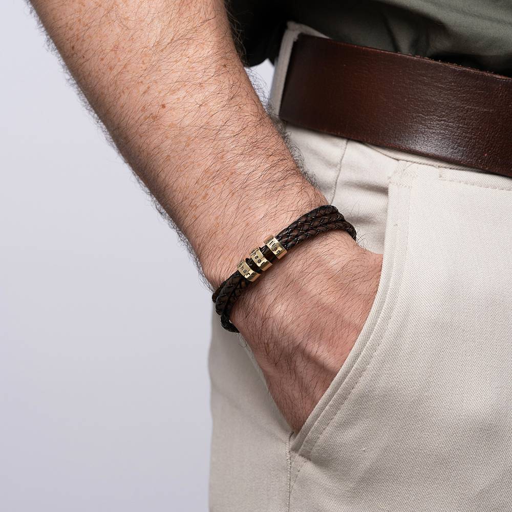 Navigator Brown Braided Leather Bracelet for Men with Small Custom Beads in 14K Yellow Gold-1 product photo
