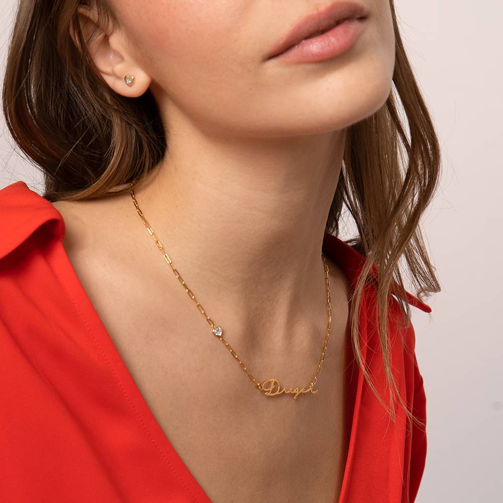 Signature Link Chain Name Necklace With Heart Diamond in 18K Gold Plating-1 product photo
