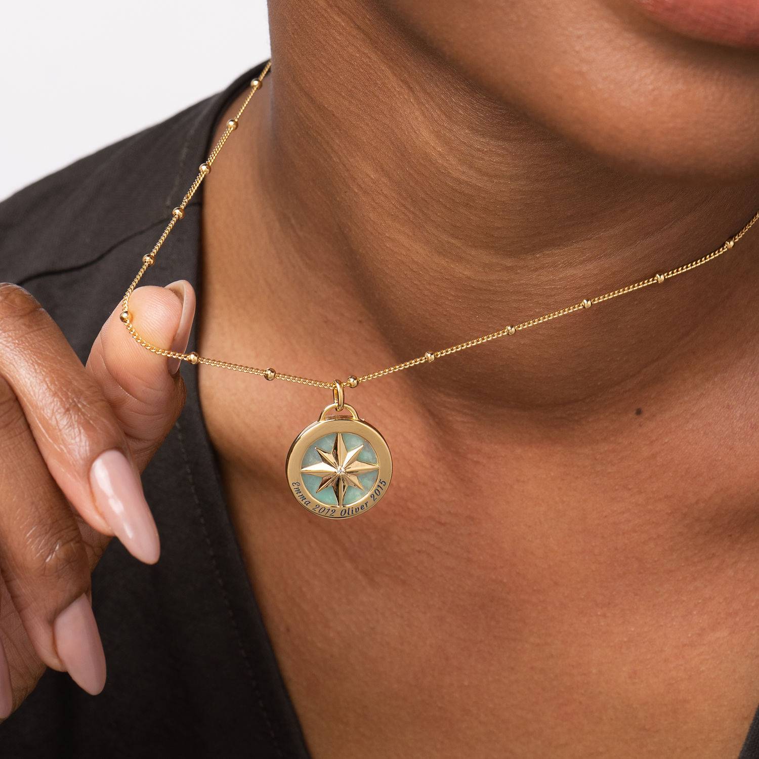 Engraved Compass Necklace With Semi-Precious Stone in 18K Gold Plating-5 product photo