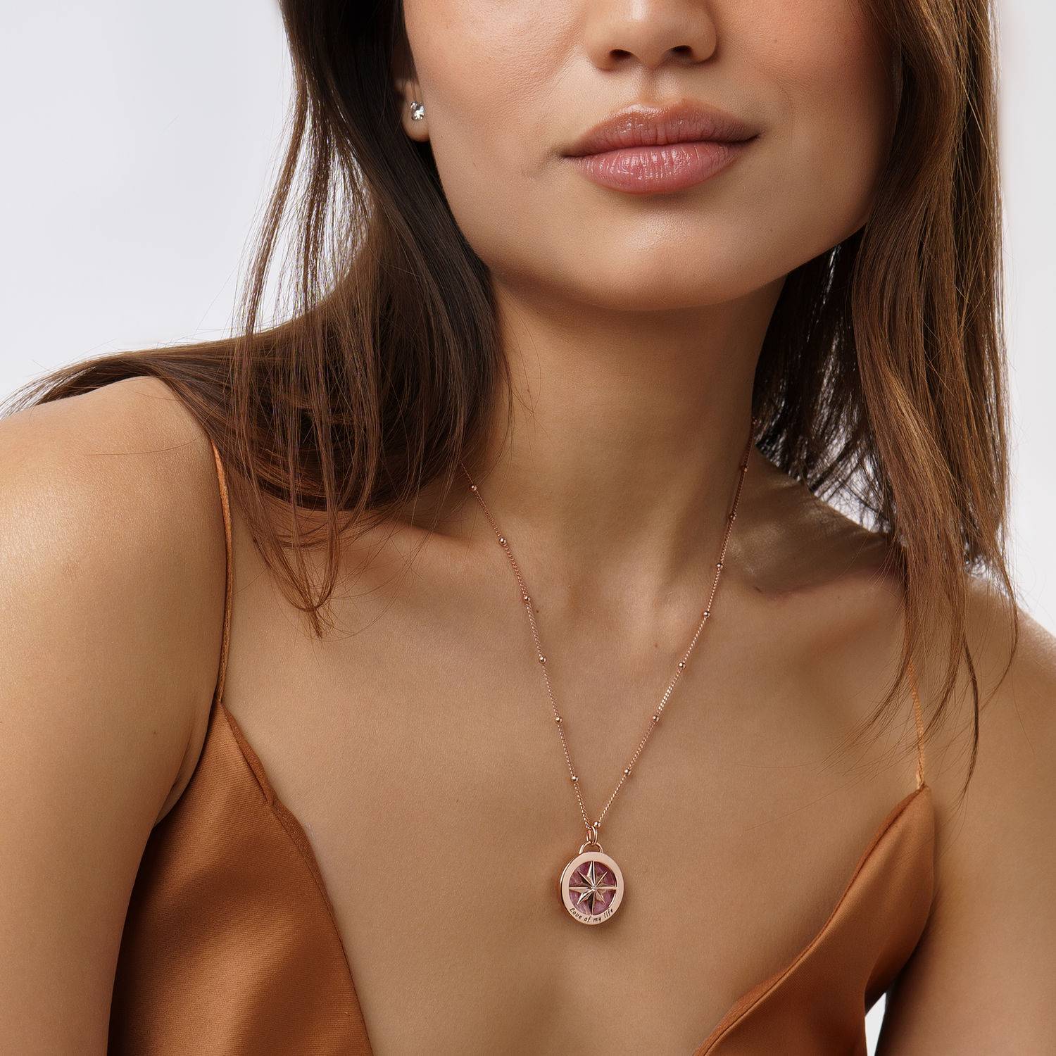 Engraved Compass Necklace With Semi-Precious Stone in 18K Rose Gold Plating-6 product photo