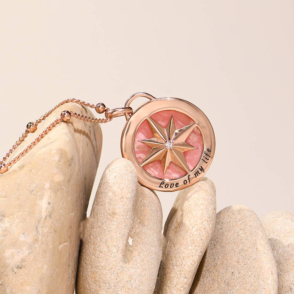 Engraved Compass Necklace With Semi-Precious Stone in 18K Rose Gold Plating-2 product photo
