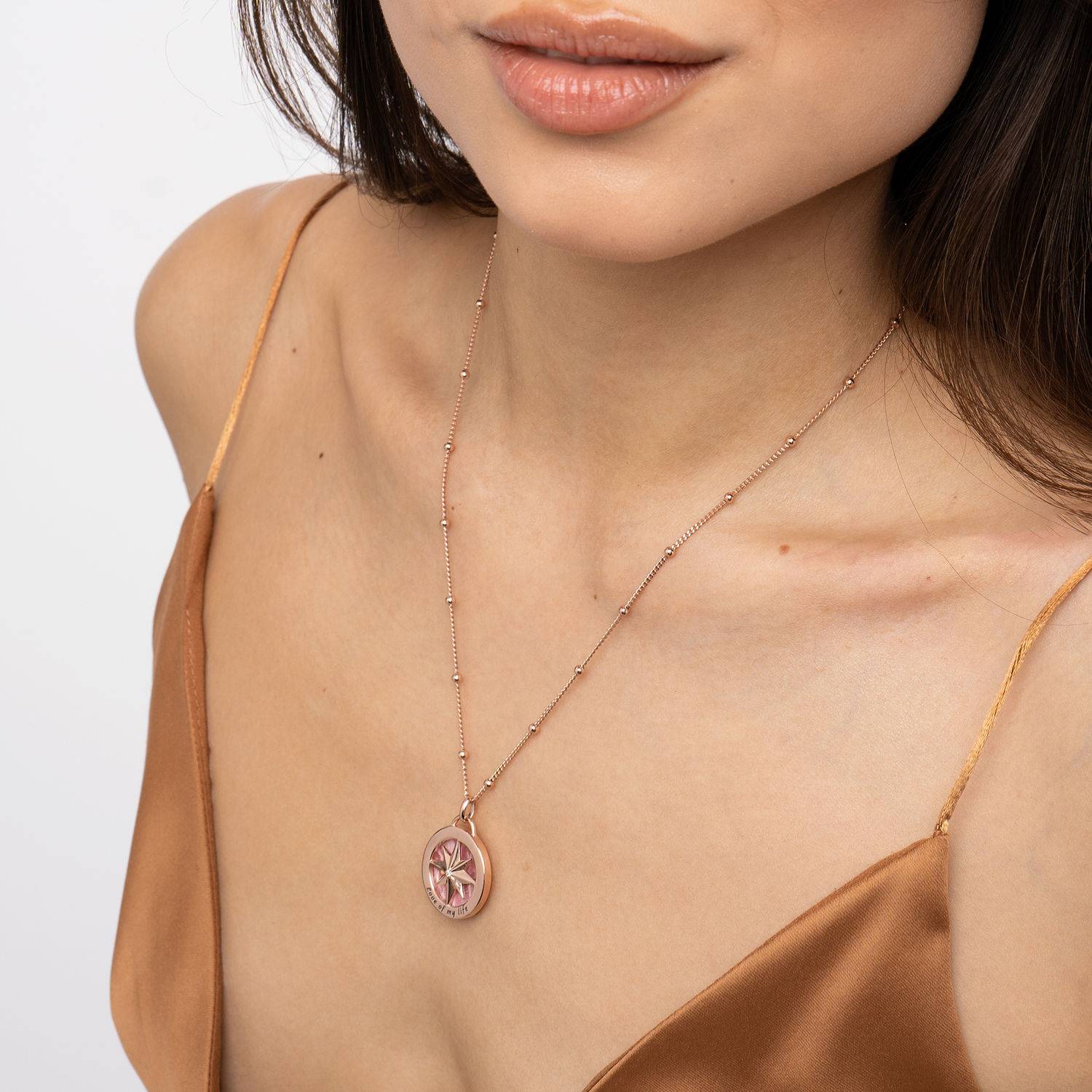 Engraved Compass Necklace With Semi-Precious Stone in 18K Rose Gold Plating-7 product photo