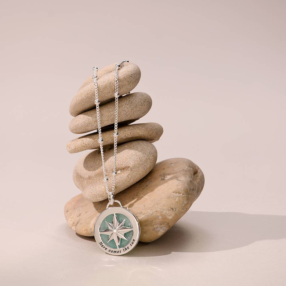 Engraved Compass Necklace With Semi-Precious Stone in Sterling Silver-5 product photo