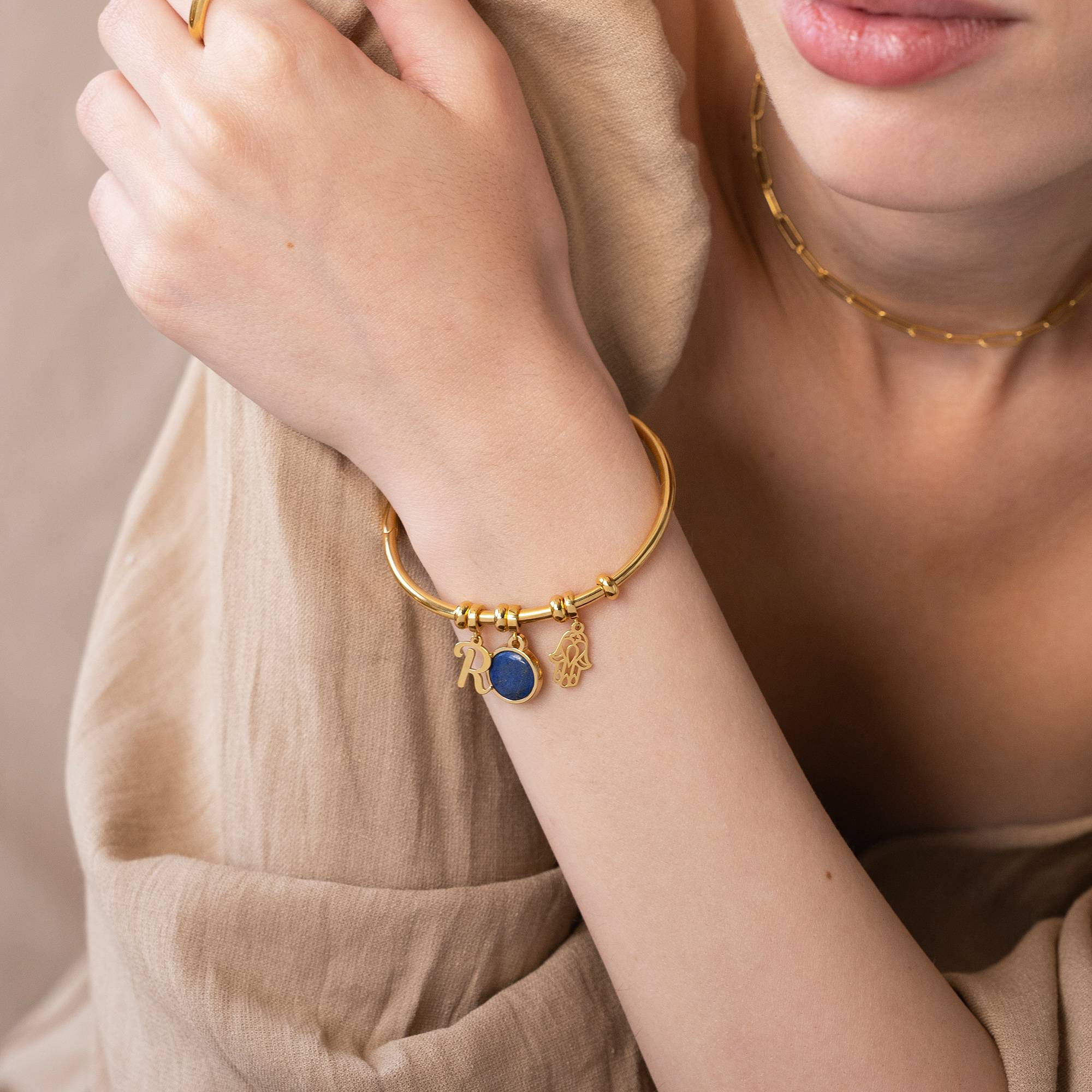 Symbolic Initial Bangle Bracelet with Semi-Precious Stone in 18K Gold Vermeil-4 product photo