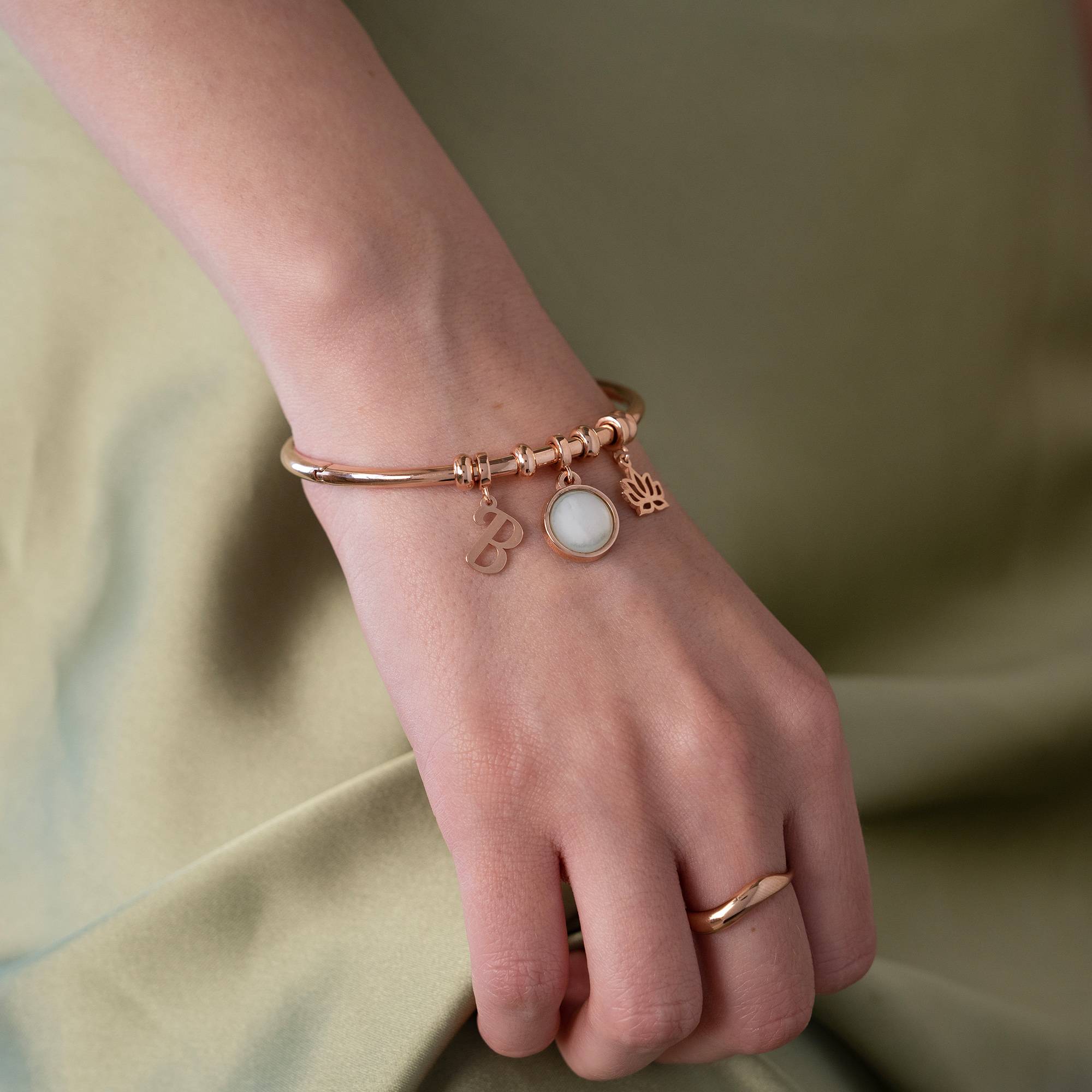 Symbolic Initial Bangle Bracelet with Semi-Precious Stone in 18K Rose Gold Plating-3 product photo