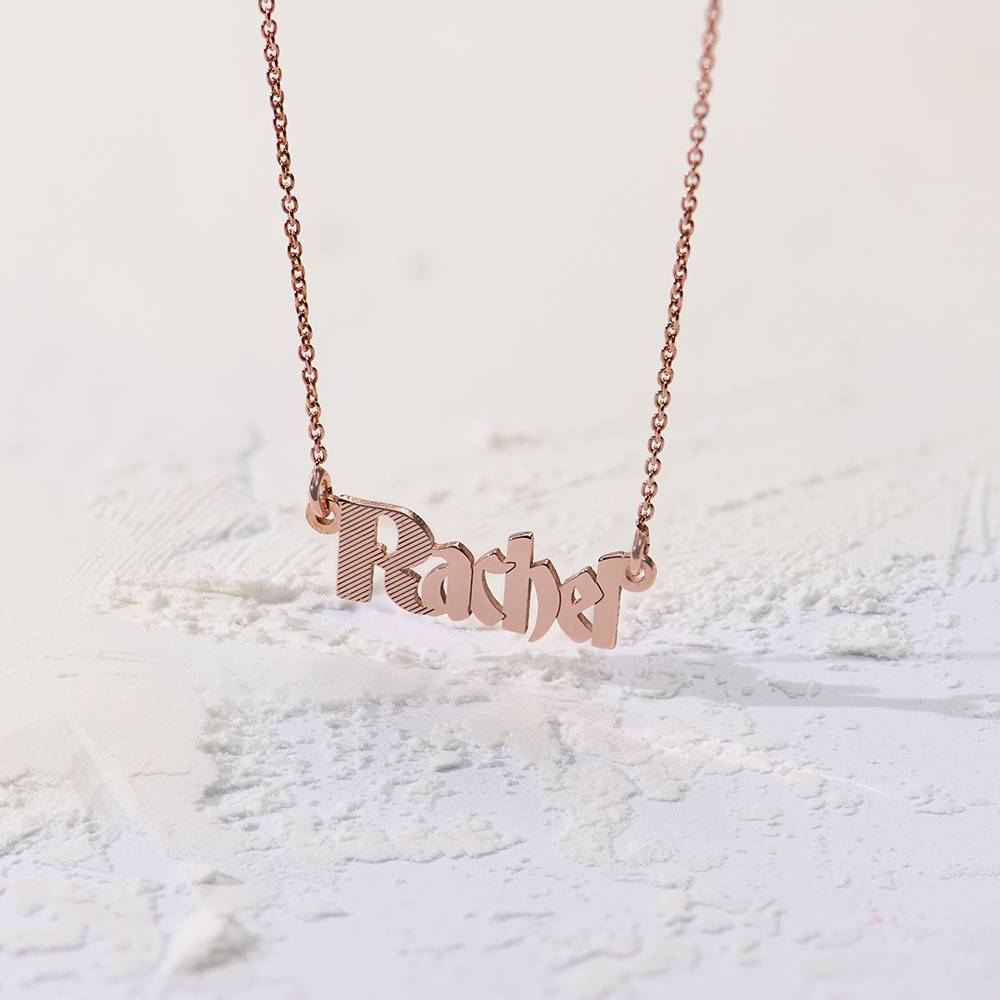 Wednesday Textured Gothic Name Necklace in 18K Rose Gold Plating-2 product photo