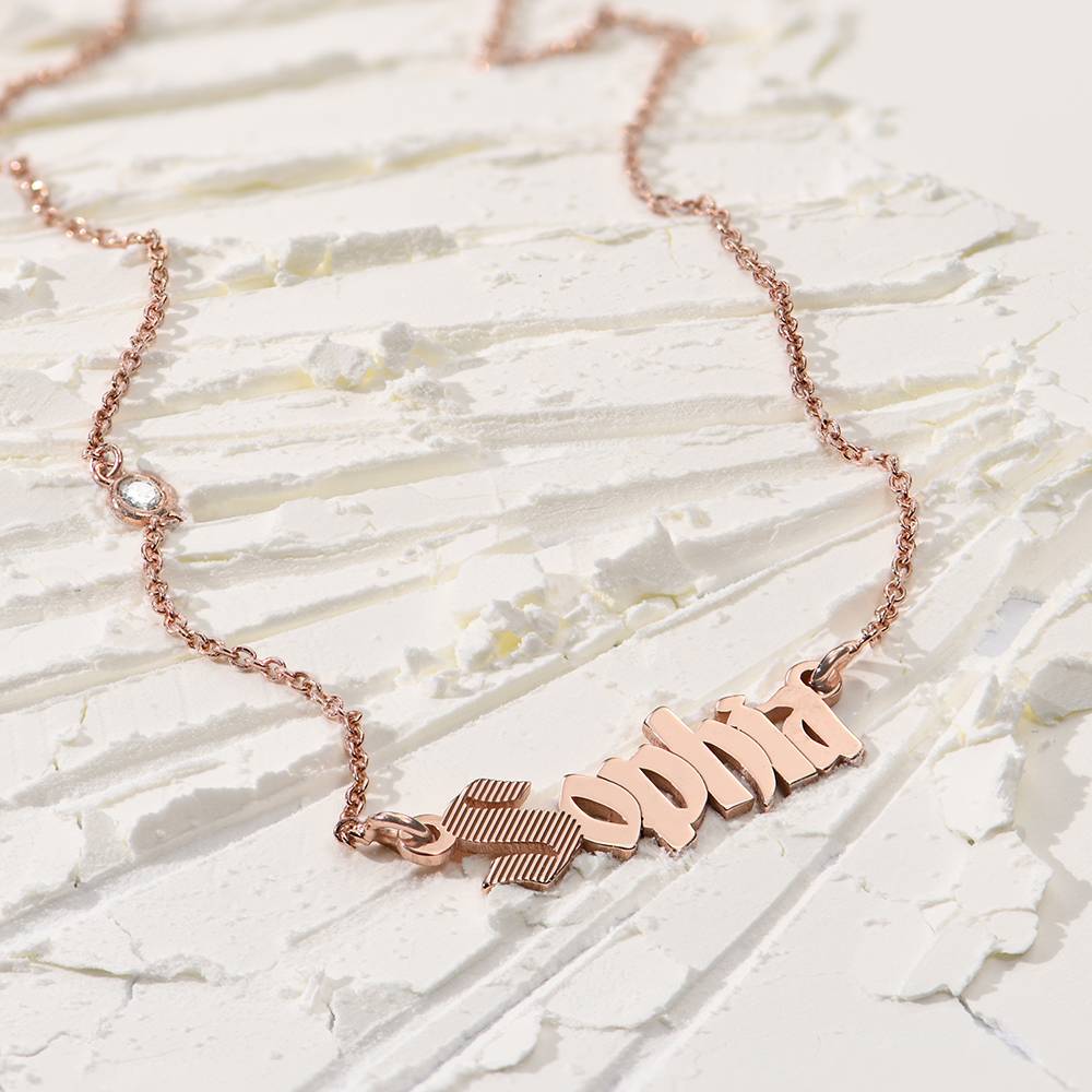 Wednesday Textured Gothic Name Necklace with Diamond in 18K Rose Gold Plating-2 product photo