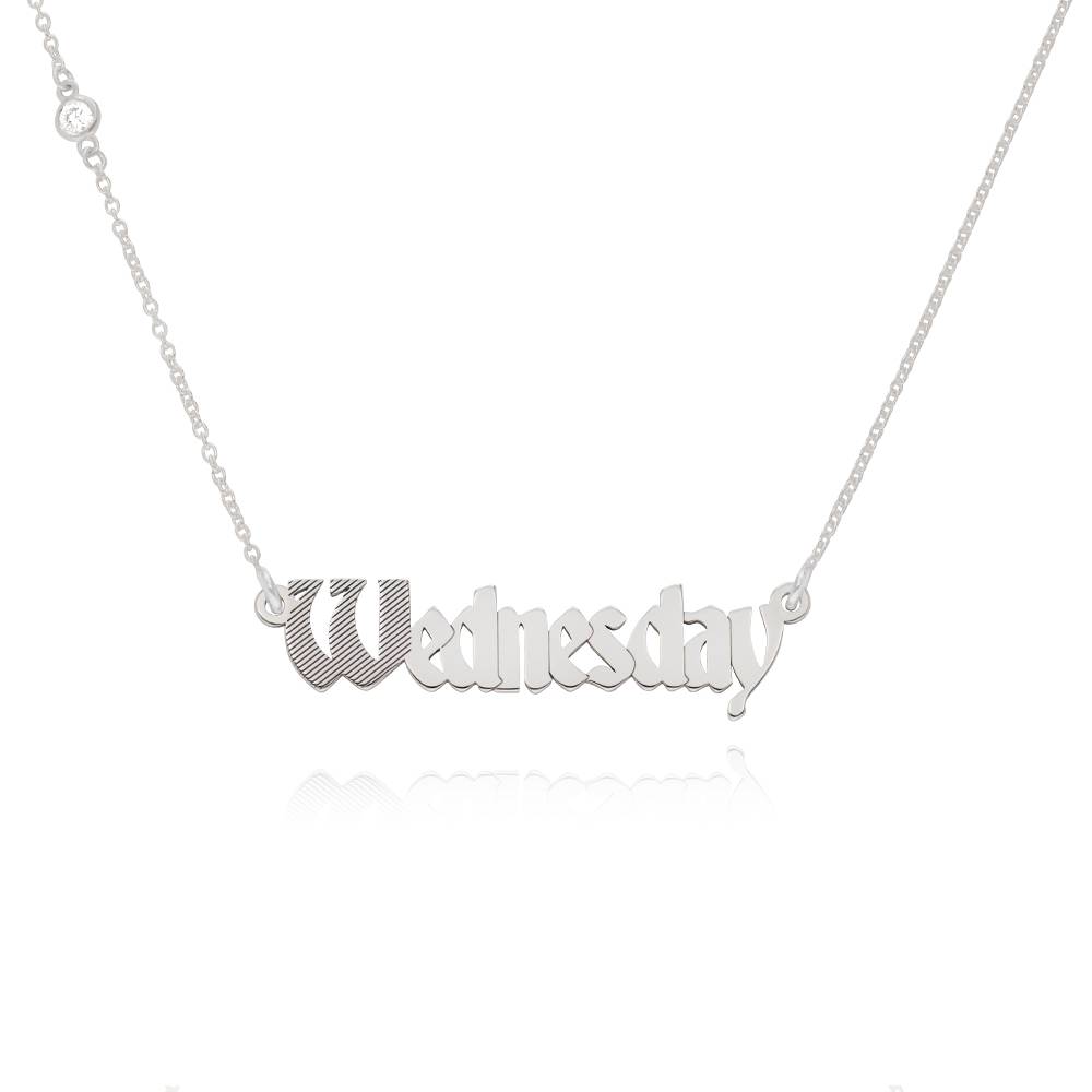 Wednesday Textured Gothic Name Necklace with Diamond in Sterling Silver-1 product photo