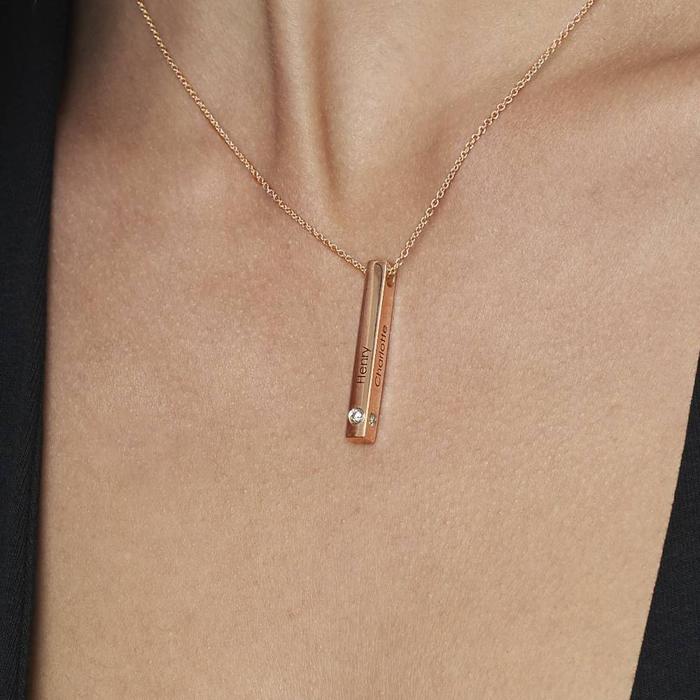 Vertical 3d Bar Necklace with Diamonds in 18k Rose Gold Plating-6 product photo