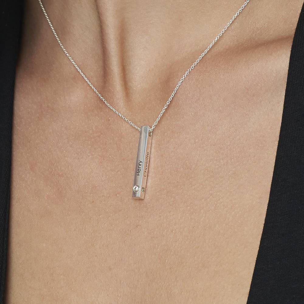 Vertical 3d Bar Necklace in Sterling Silver with  Diamonds-6 product photo