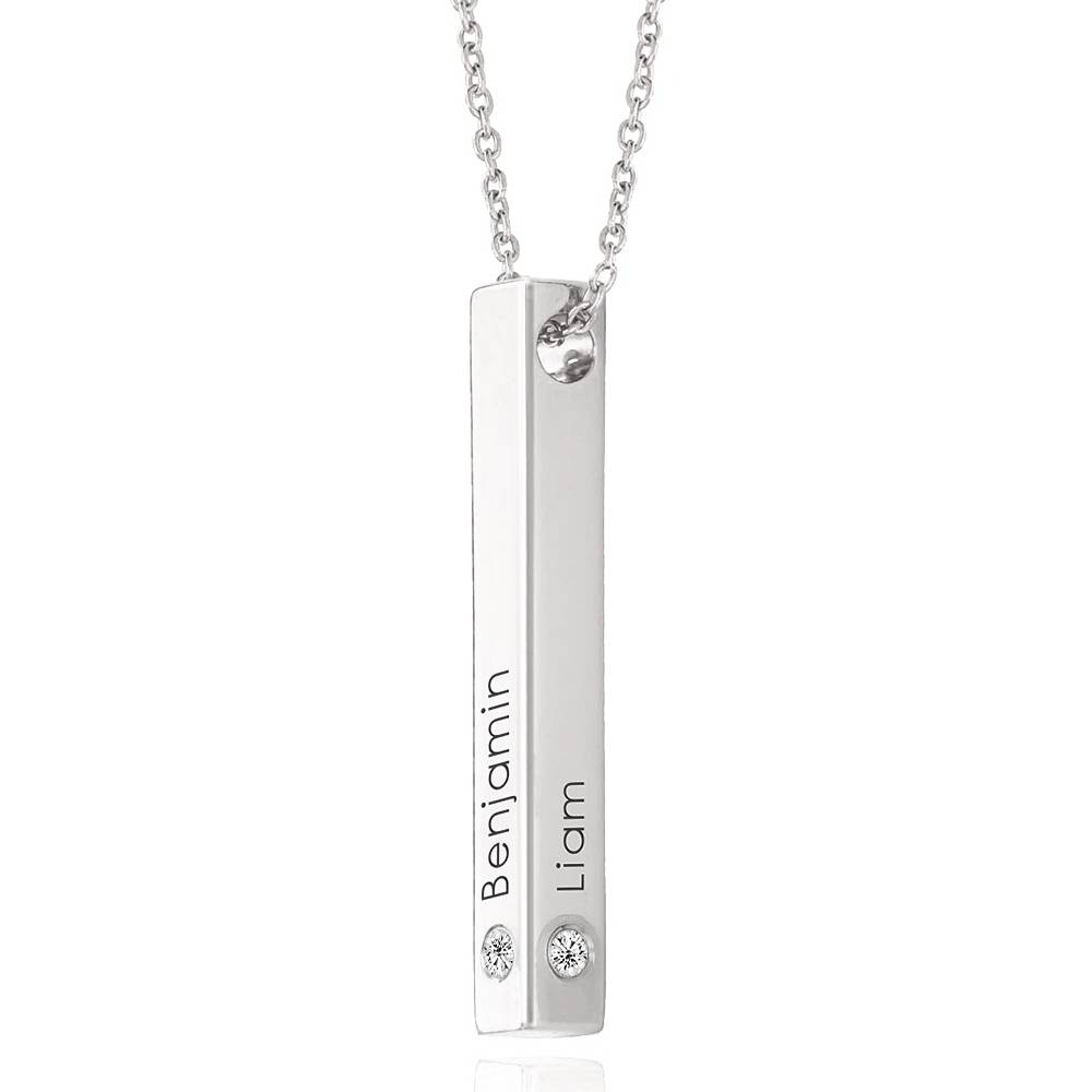 Vertical 3d Bar Necklace in Sterling Silver with  Diamonds-3 product photo