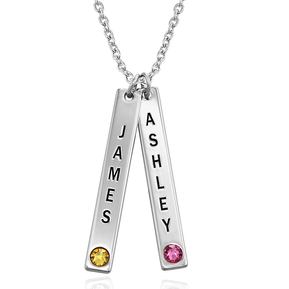 Vertical Sterling Silver Bar Necklace with Birthstone Crystal product photo