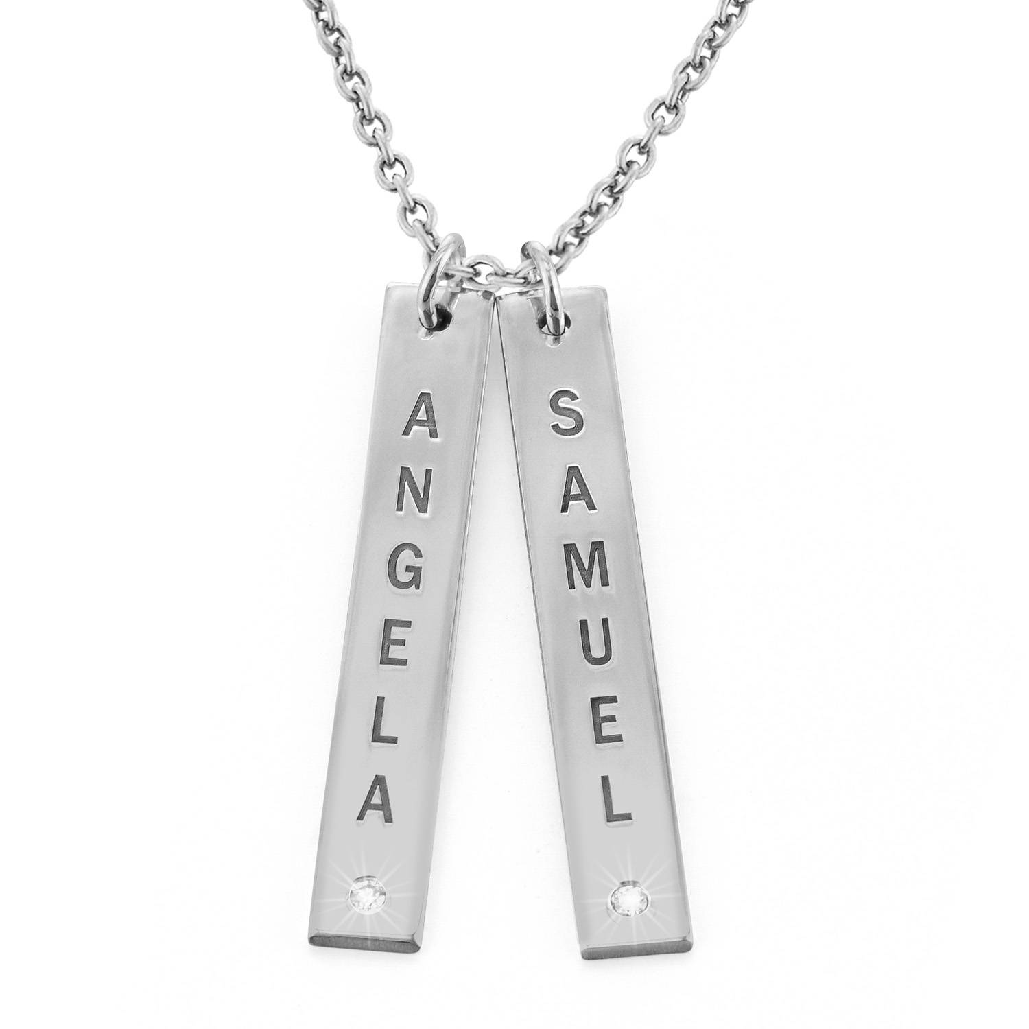 Vertical Sterling Silver Bar Necklace with Diamond-4 product photo