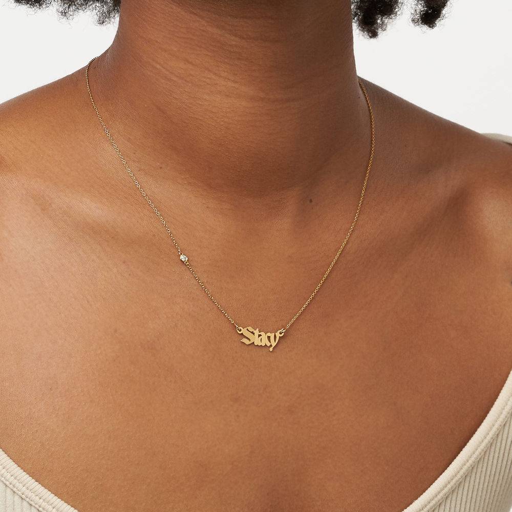 Wednesday Textured Gothic Name Necklace with Diamond in 18K Gold Plating-5 product photo