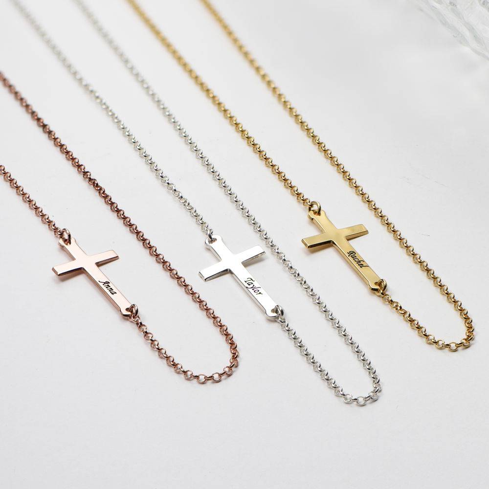 18k Gold Plated Silver Engraved Side Cross Necklace-4 product photo