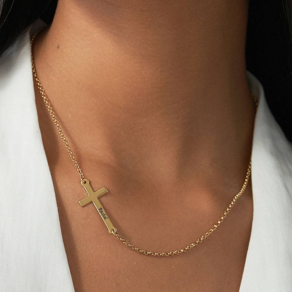 18k Gold Plated Silver Engraved Side Cross Necklace-2 product photo