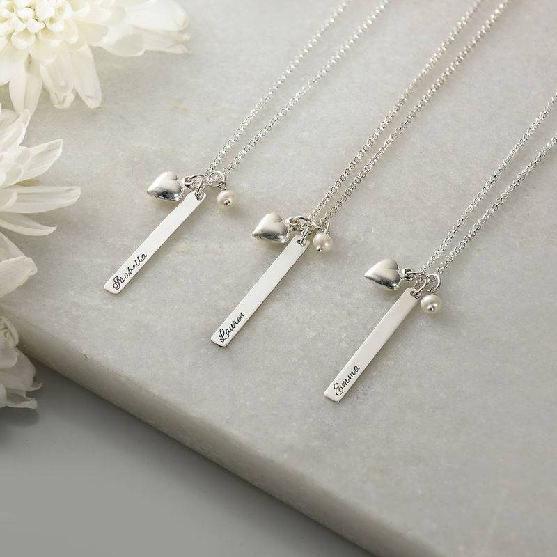 Bar Necklace with heart charm and pearl in Silver Bar Necklace with heart charm and pearl in Silver product photo