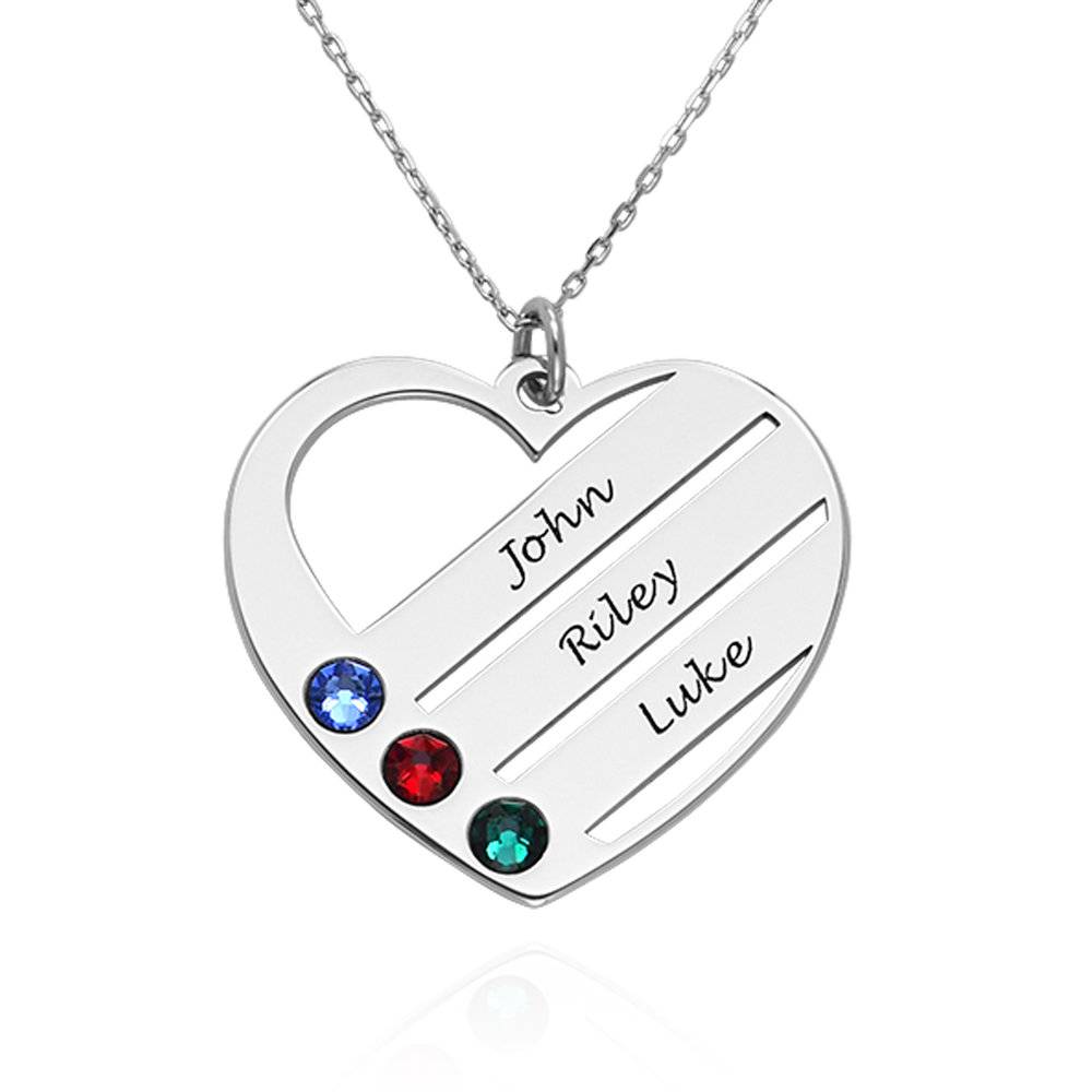 Birthstone Heart Necklace with Engraved Names in 14k White Gold-1 product photo