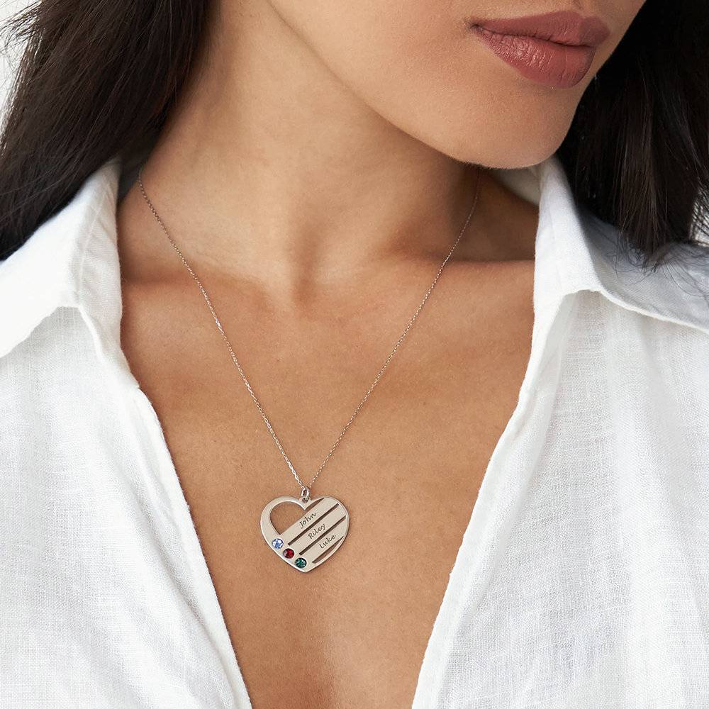 Birthstone Heart Necklace with Engraved Names in 14k White Gold-4 product photo