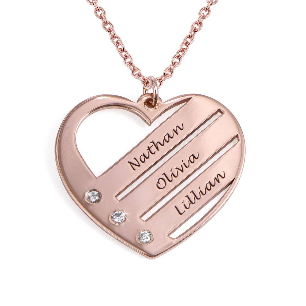 Diamond Heart Necklace with Engraved Names in 18k Rose Gold Plating-1 product photo
