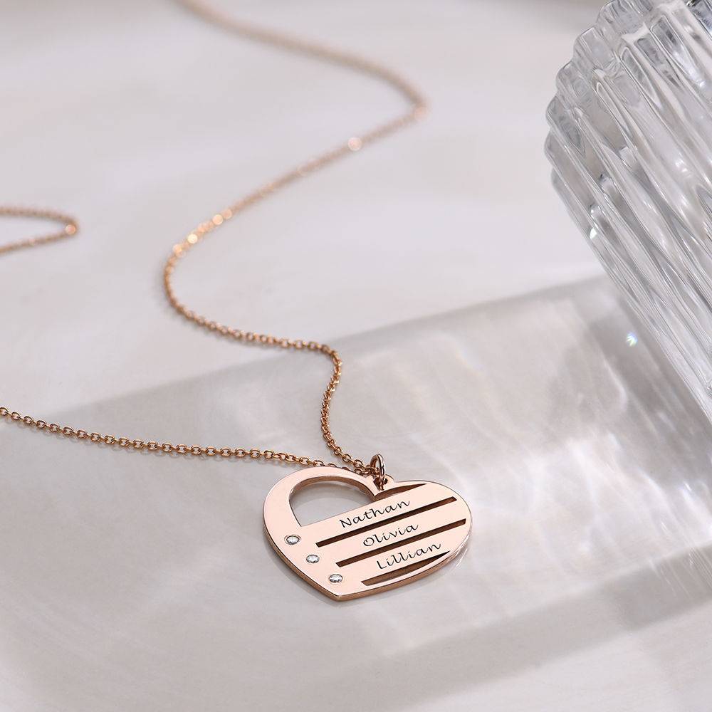 Diamond Heart Necklace with Engraved Names in 18k Rose Gold Plating-2 product photo