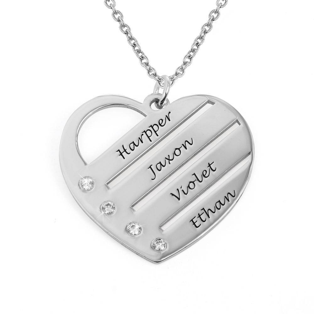 Diamond Heart Necklace with Engraved Names in Sterling Silver-1 product photo